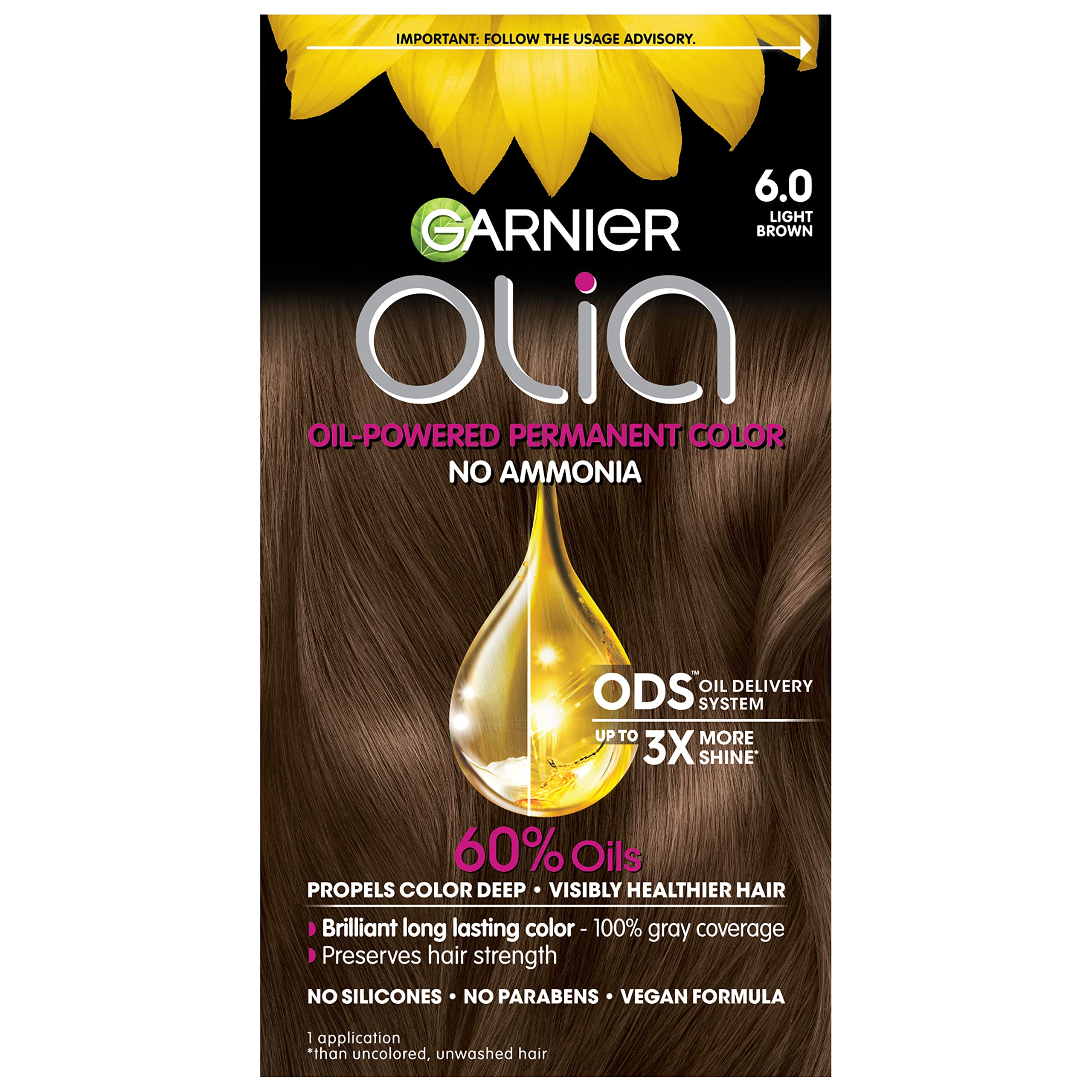 Garnier Hair Color Olia AmmoniaFree Brilliant Color OilRich Permanent Hair Dye, 6.0 Light Brown, 1 Count (Packaging May Vary)