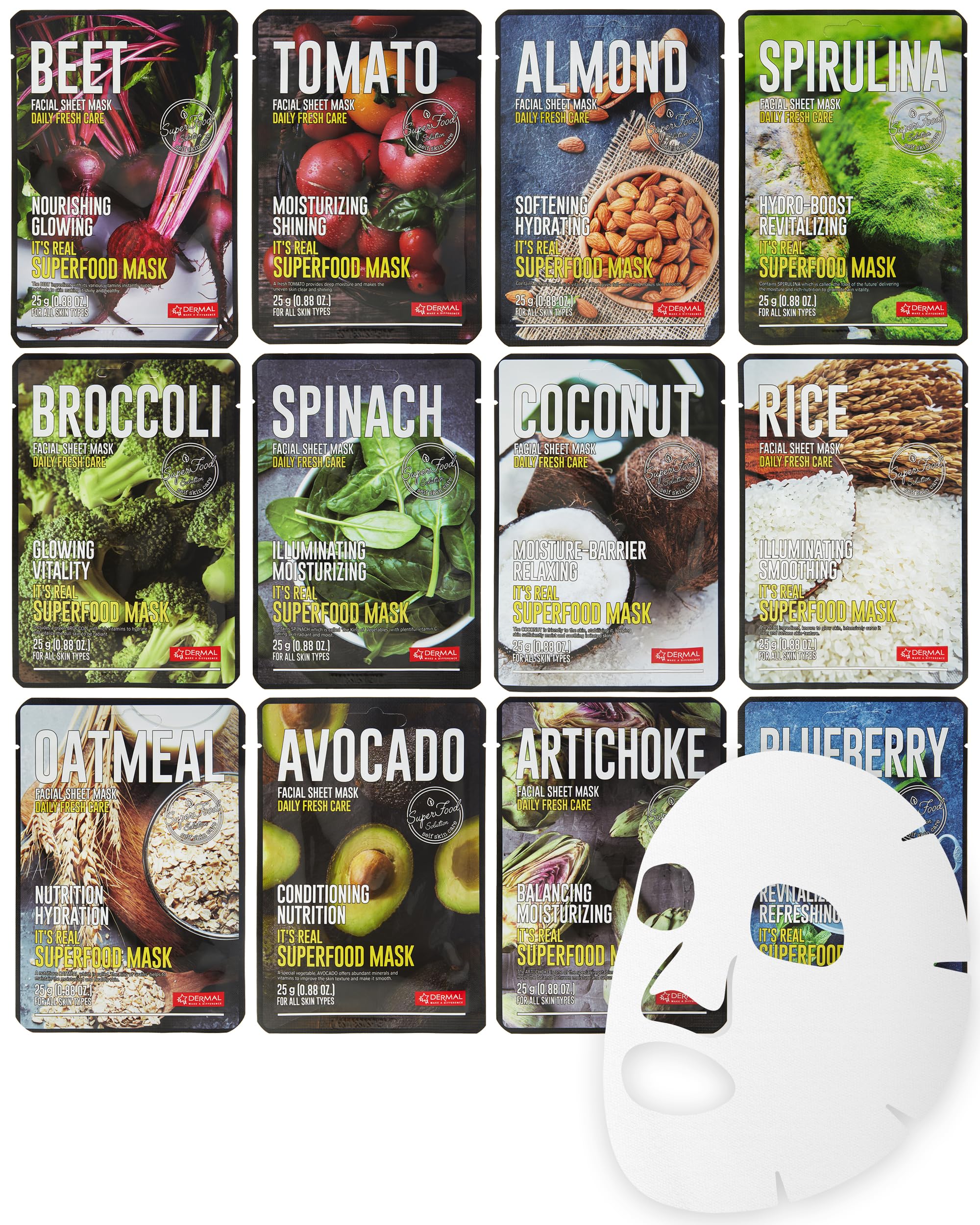 DERMAL Super Food Face Masks Skincare- 12 Pack Facial Sheet Mask for a Glowing Refreshing Skin- Moisturizing Sheet Masks for Fac