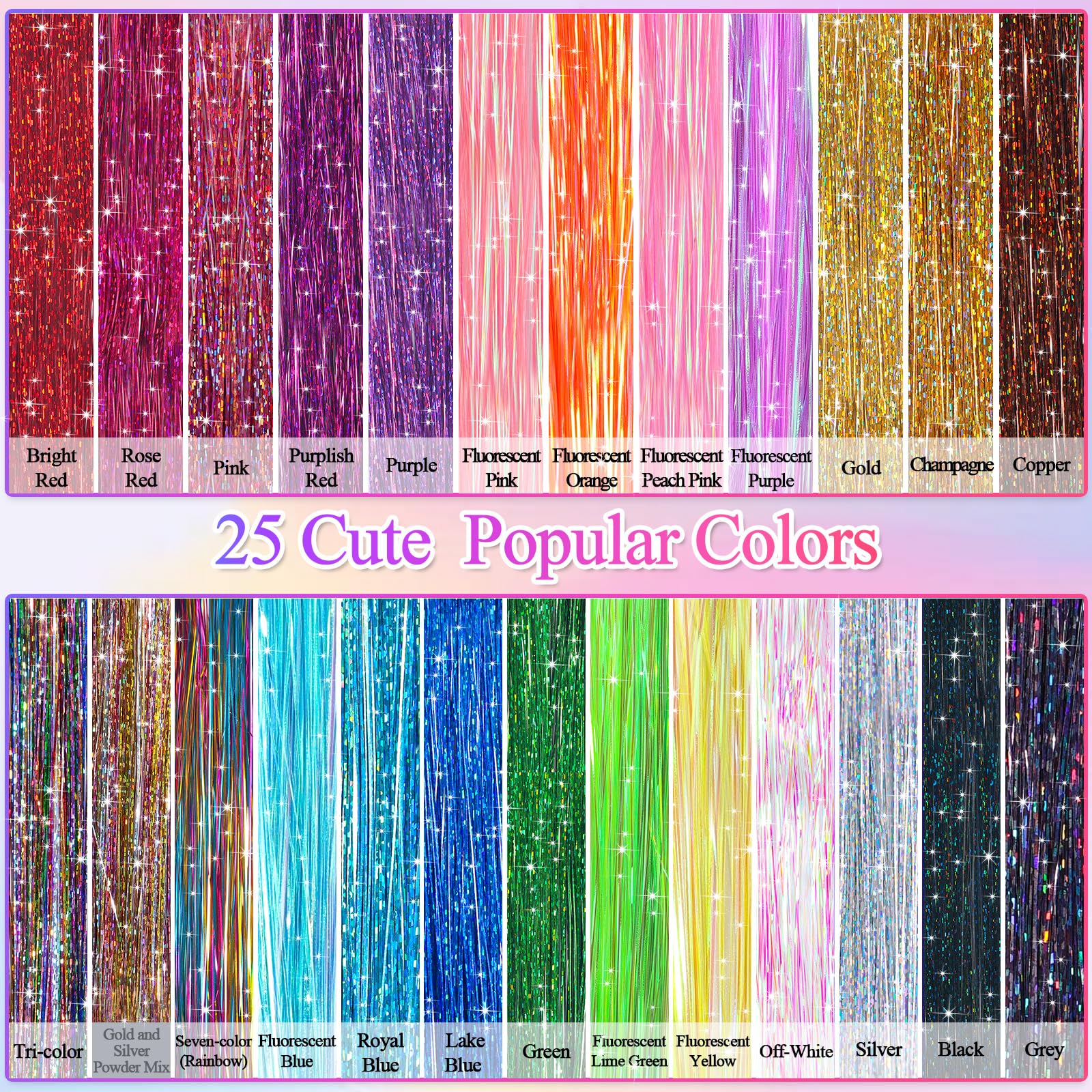 25 Colors Fairy Hair Tinsel Kit 5000 Hair Glitter Strands 48 Inch Heat Resistant Tinsel Hair Extensions Sparkling Shiny Highligh
