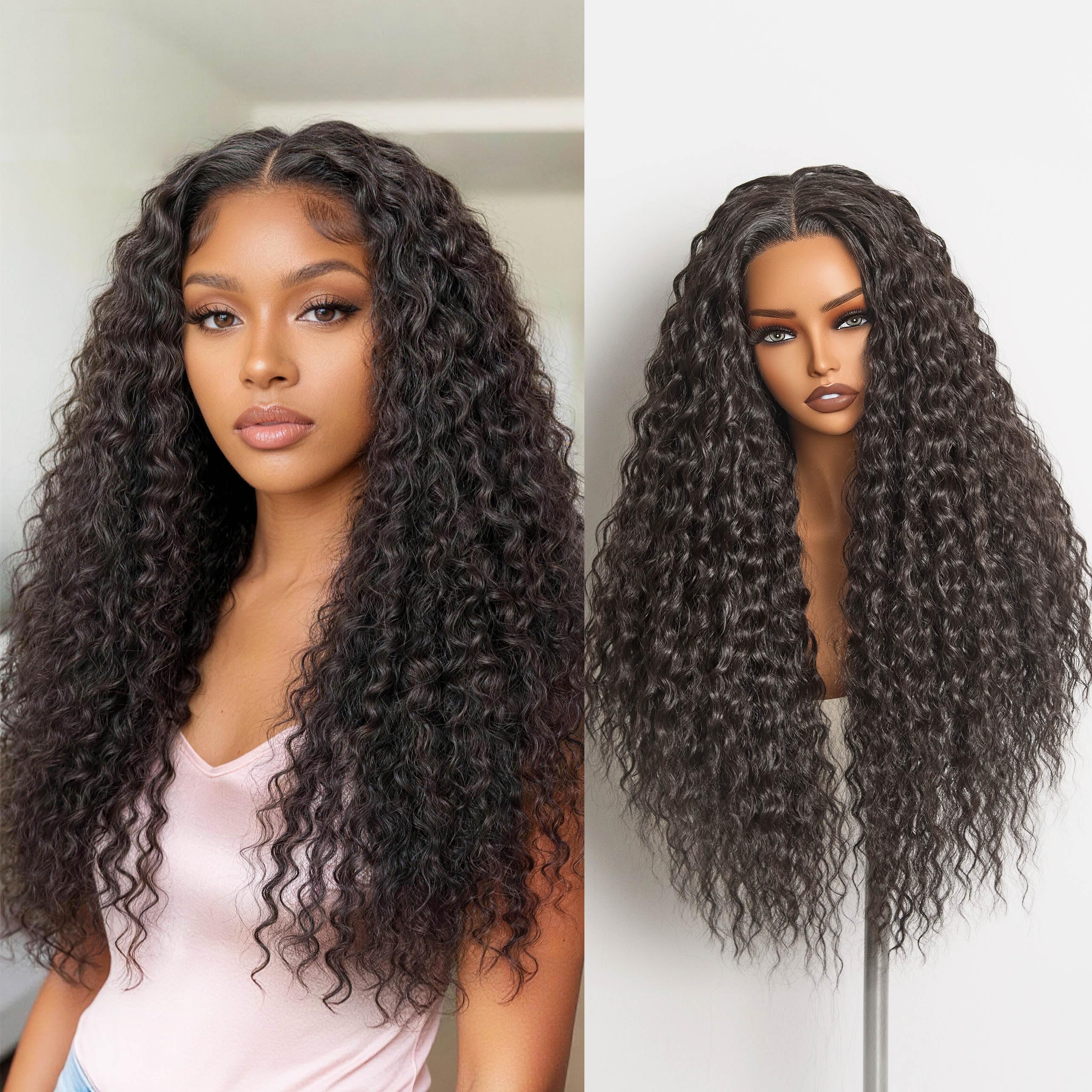 GORGIUS 32 Inch Shaggy Curly Wave Glueless Ready To Go Hd Lace Front Wigs for Women Fiber Blend Human Hair 200% Density Middle P