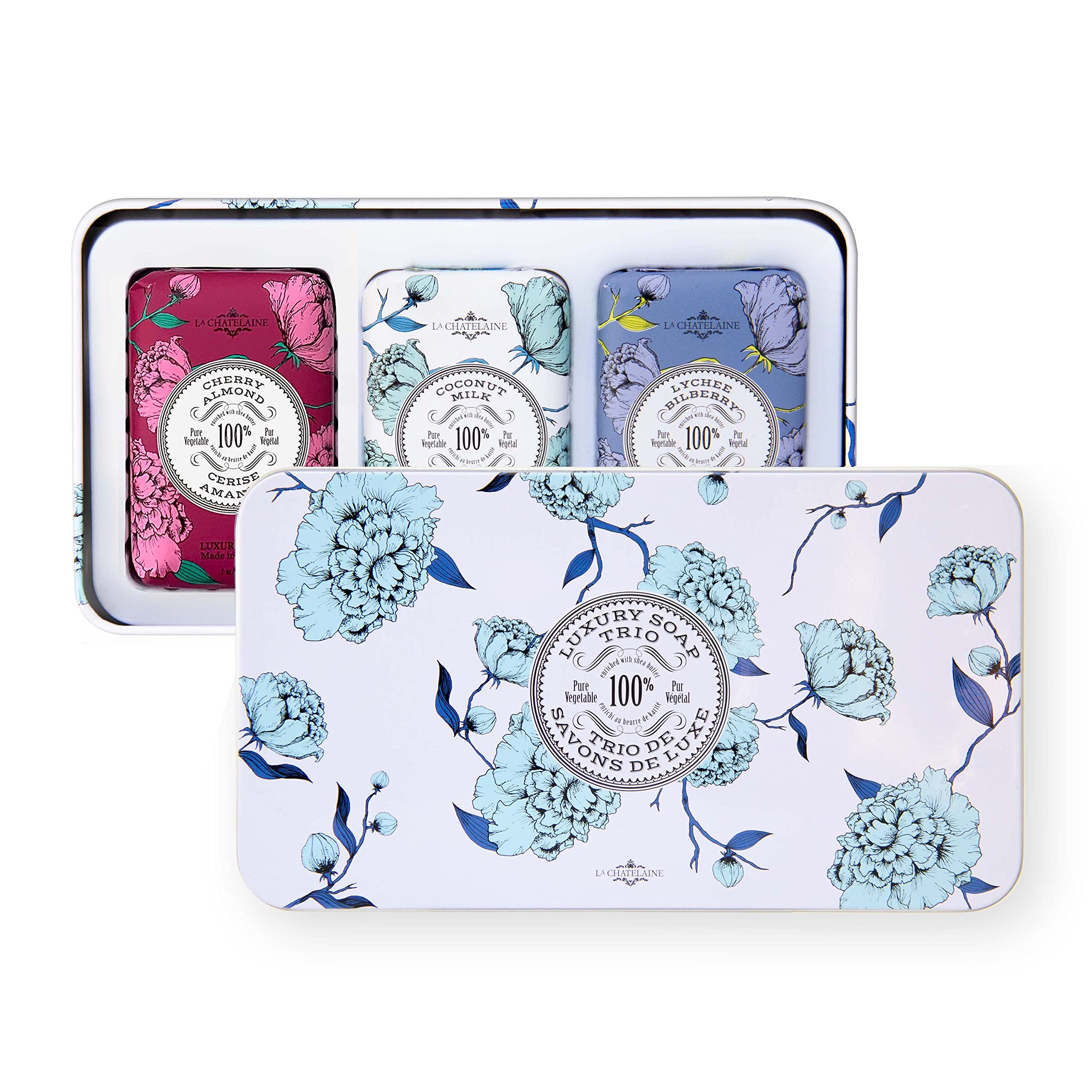 La Chatelaine Luxury Bar Soap Trio Gift Set Tin - Winter White | Made in France | Natural and Organic Soap Bars | Shea Butter Fo