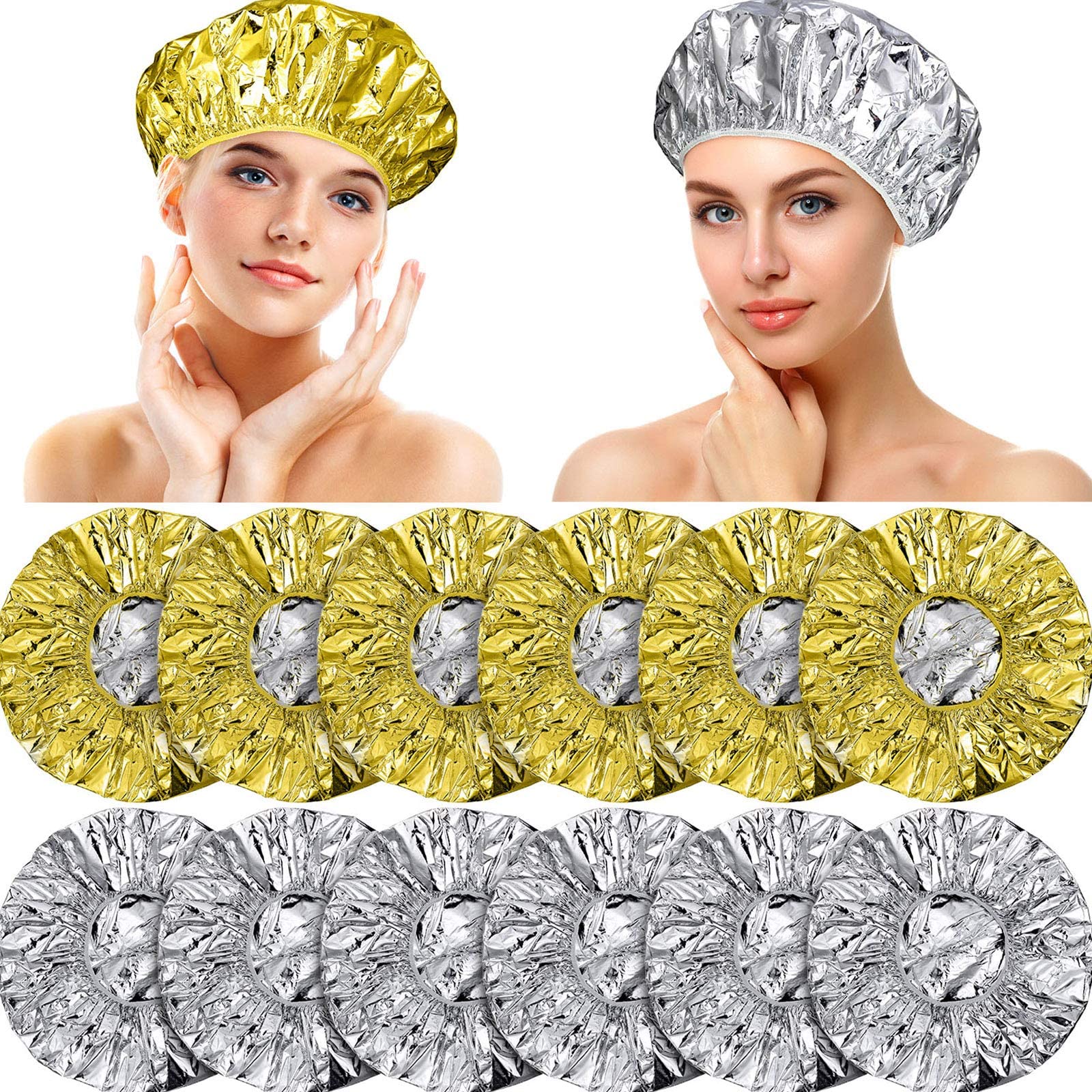 12 Pieces Deep Conditioning Caps Aluminum Foil Reusable Hair Processing Caps Hair Coloring Shower Caps For Home Salon Use (Golde