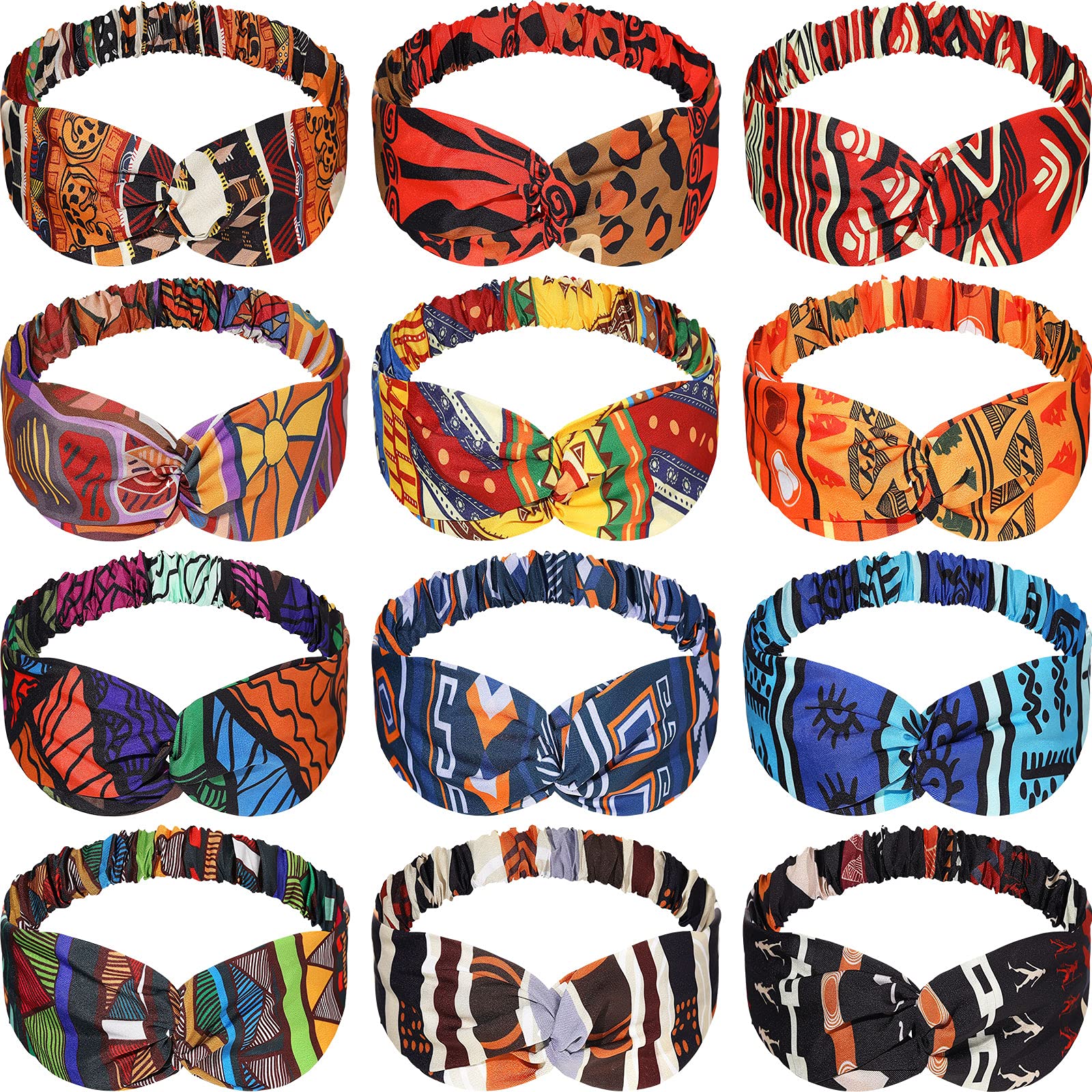 12 Pieces African Headbands Boho Print Headband Twist Knot Elastic Hair Bands Criss Cross Vintage Headband Workout Yoga Sports H