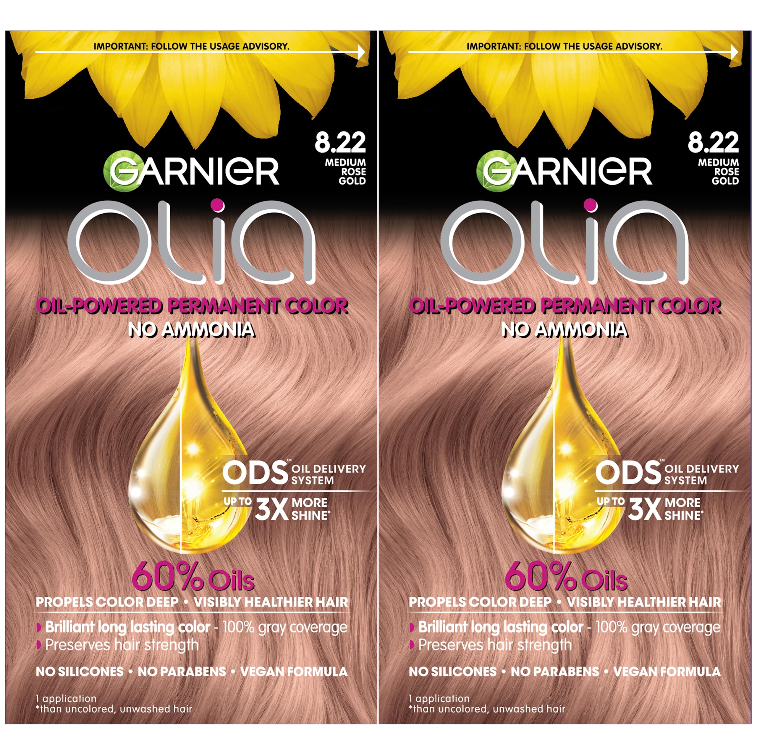 Garnier Hair Color Olia Ammonia-Free Brilliant Color Oil-Rich Permanent Hair Dye, 8.22 Medium Rose Gold, 2 Count (Packaging May 