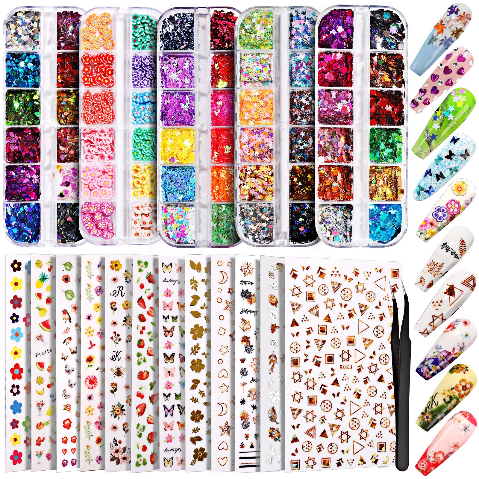 12 Sheets Nail Art Sticker 3D Self-Adhesive, Teenitor Nail Art Decoration with 5 Boxes Holographic Nail Art Glitter Flakes Butte