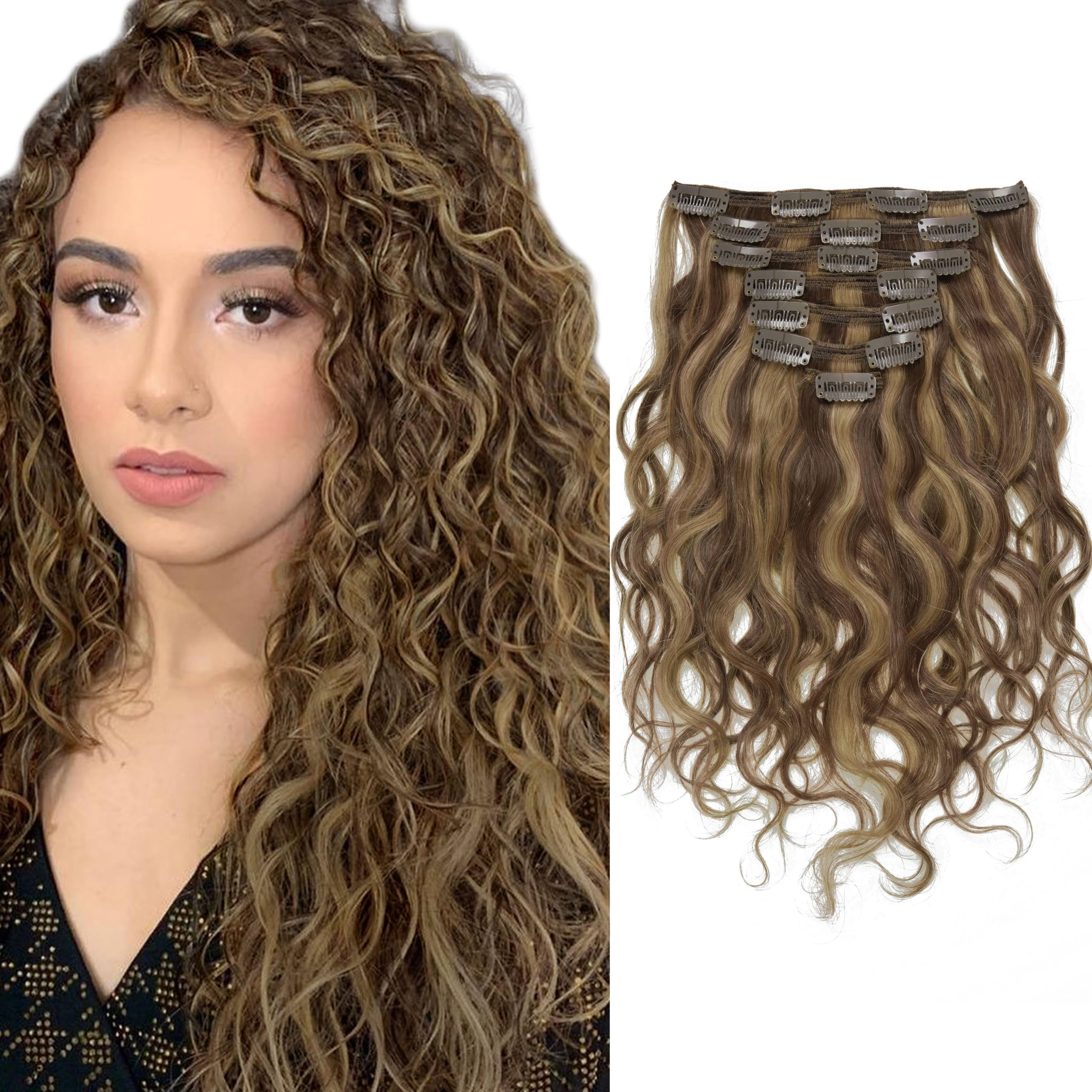 Caliee Curly Clip in Hair Extensions 20Inch Natural Wave Curly Thick End Full Head 8A Grade Remy Human Hair Extensions Highlight