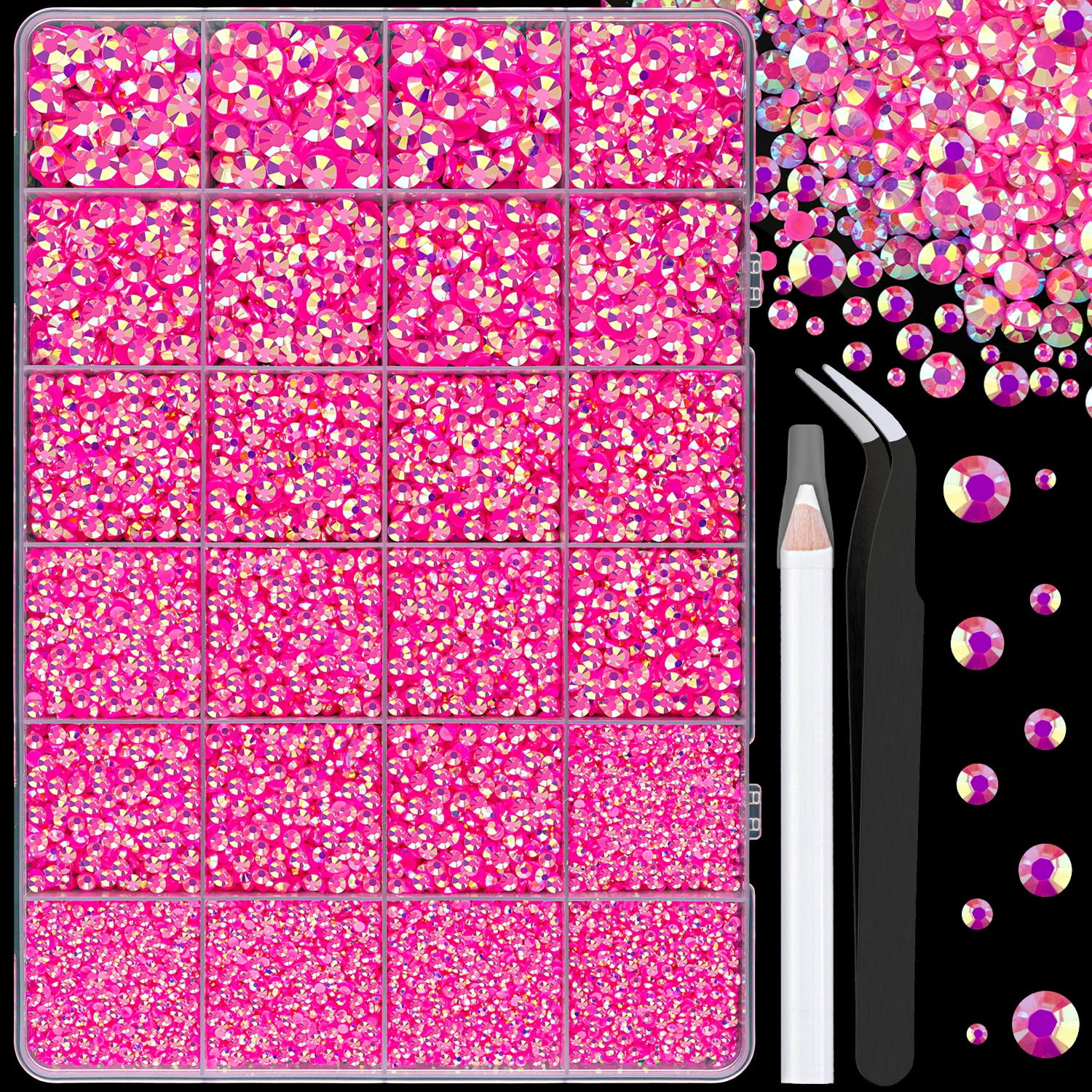 25000Pcs Resin Jelly Rhinestones with Tweezers for Crafting, Hot Pink AB 2-6mm Mixed Sizes Non Hotfix Flatback Gems, Bedazzling 