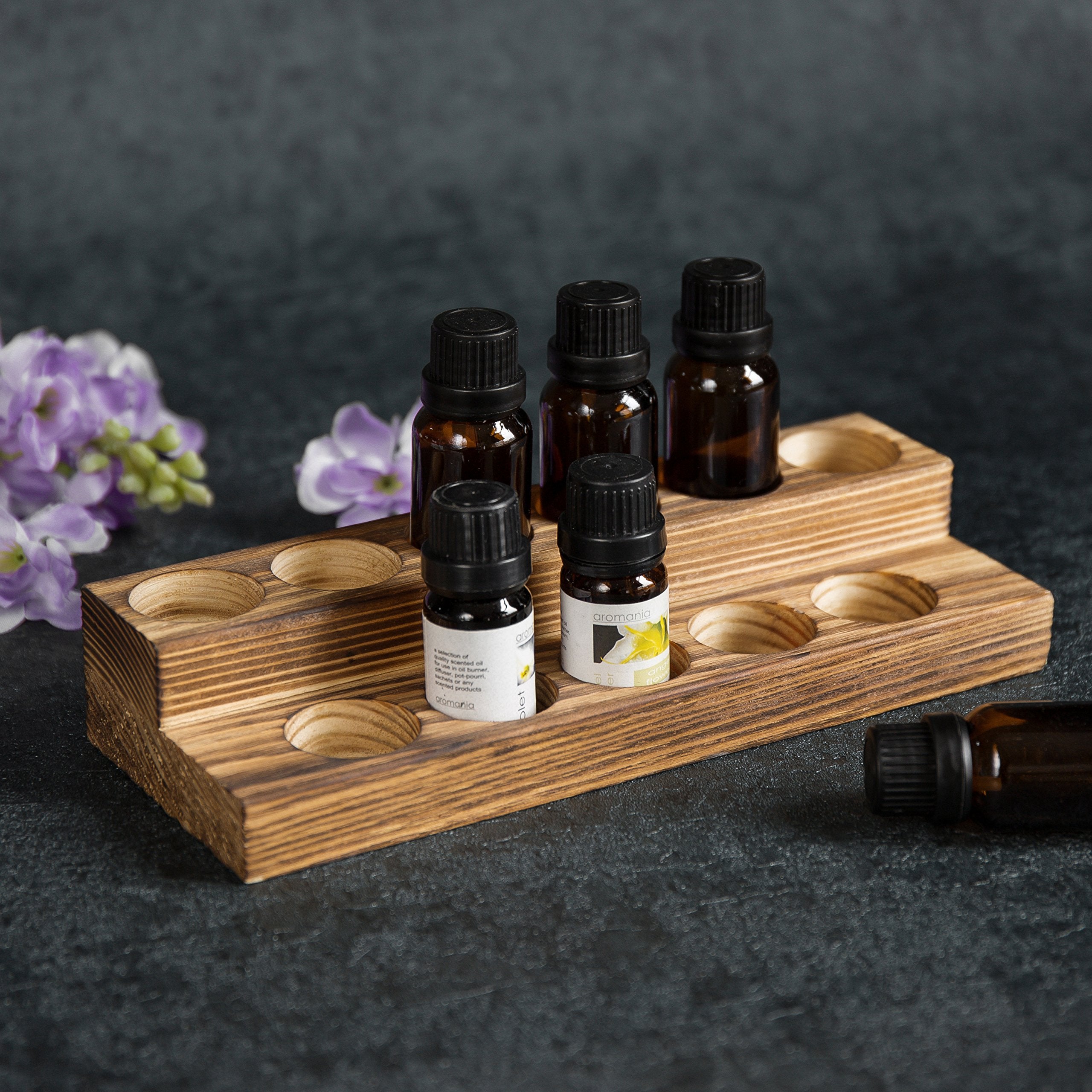 MyGift 8.5 Inch Rustic Burnt Solid Wood Essential Oil Holder Stand with 2 Tier Display, Vanity Tabletop Cosmetic Storage Organiz