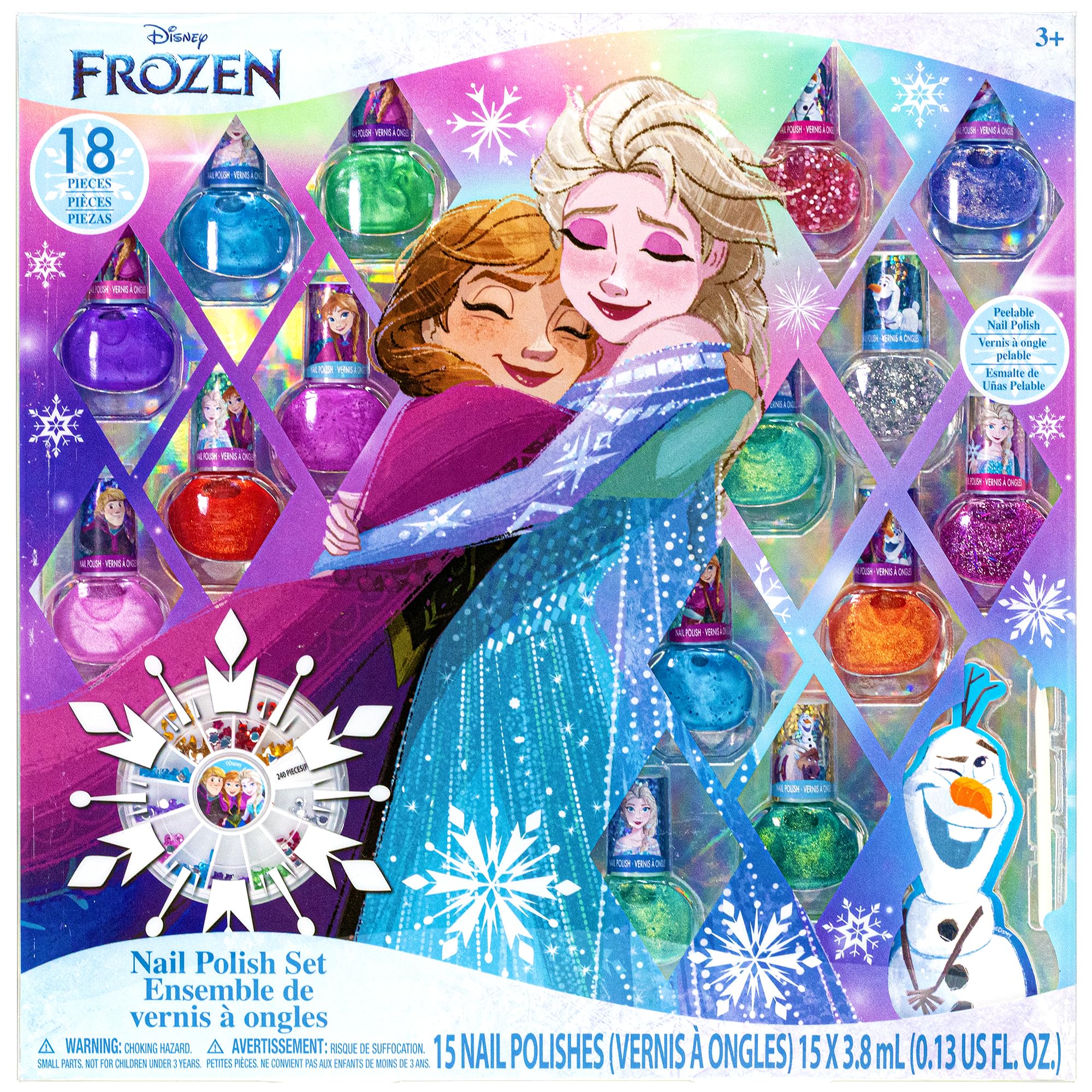 Townley girl Disney Frozen Non-Toxic Peel-Off Nail Polish Set with Shimmery and Opaque colors with Nail gems for girls Ages 3+,