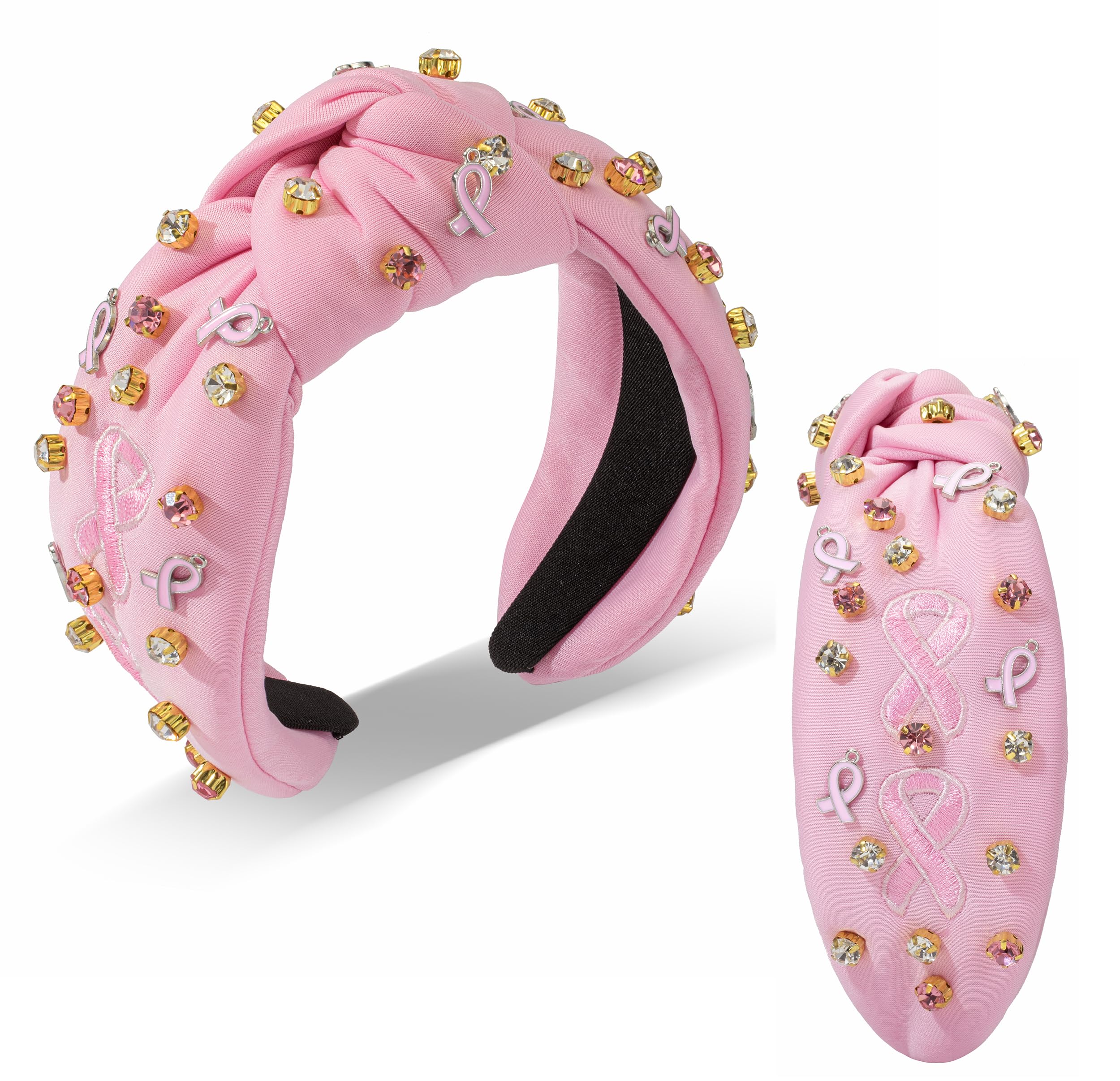 Mixcbe Holiday Pink Ribbon Headband for Women Rhinestone Breast Cancer Awareness Pink Ribbon Fright Embroidered Knot Wide Headba