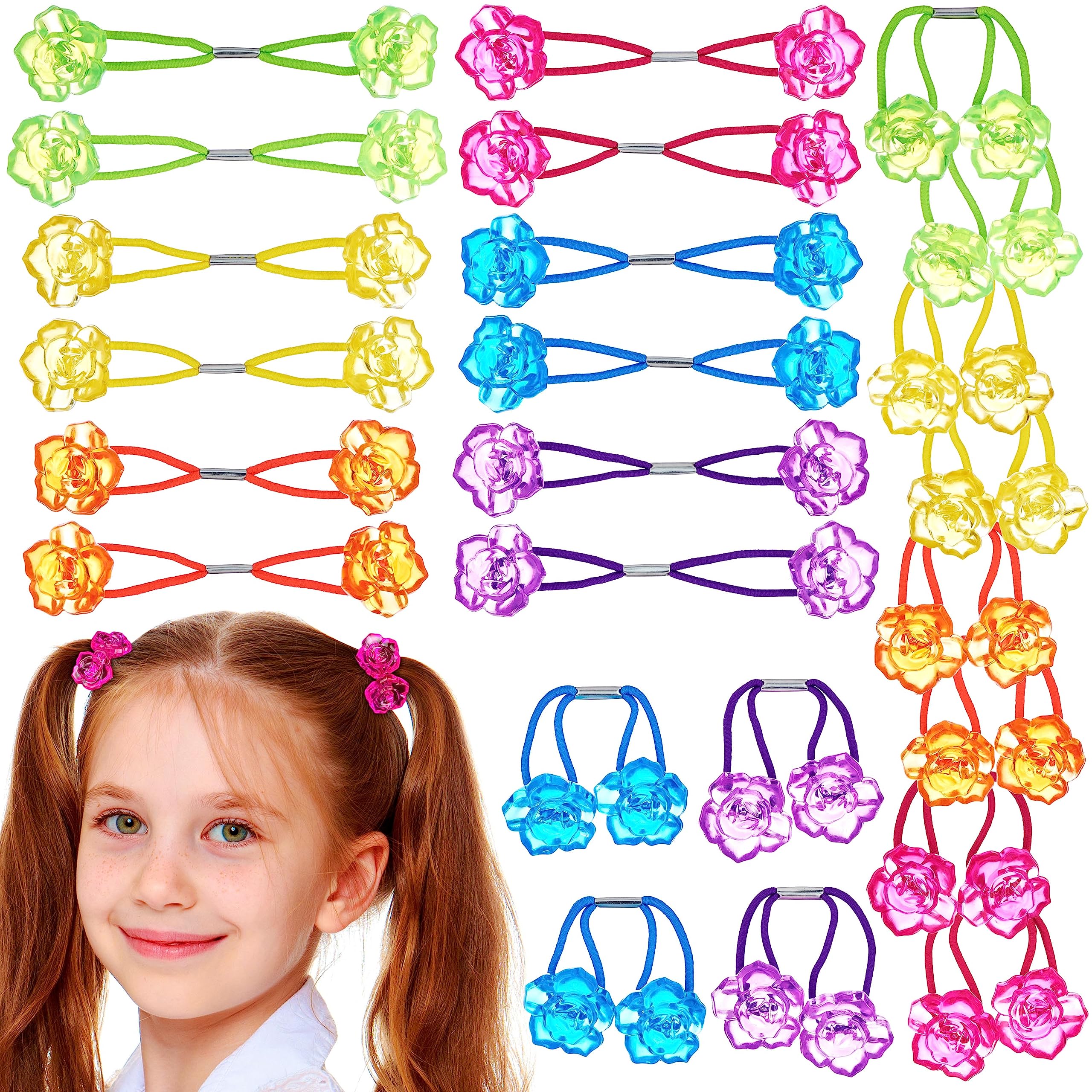 EXPRESSIONS Hairband 24-Piece Rose Twin Bead Ponytail Hair Elastics, Girls Value Pack
