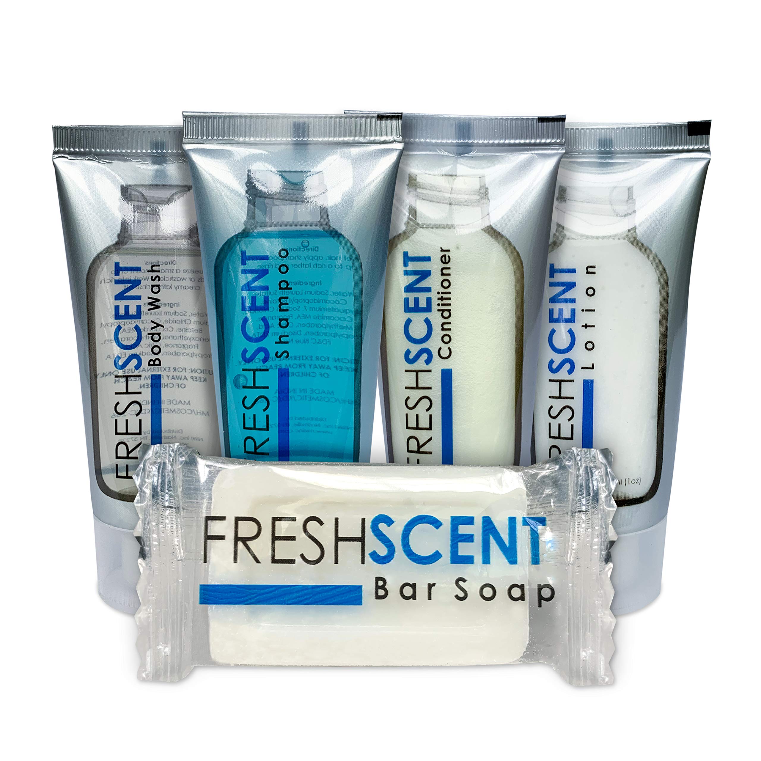 Freshscent Hotel Collection 250 Piece Set. Travel Size Amenities Bulk Toiletries Kit Of 50 Each 1Oz Tubes Shampoo, Conditioner,