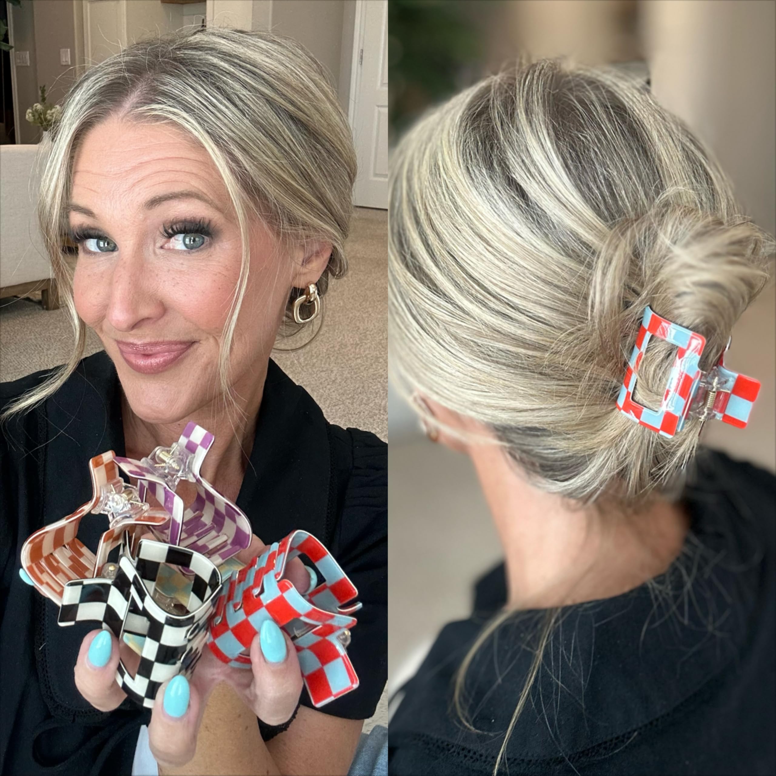Paderison Checkered Rectangle Y2K Hair Claw Clips and Barrettes- 6 Pcs Large and Small Strong Hold Hair Accessories for Thin & T
