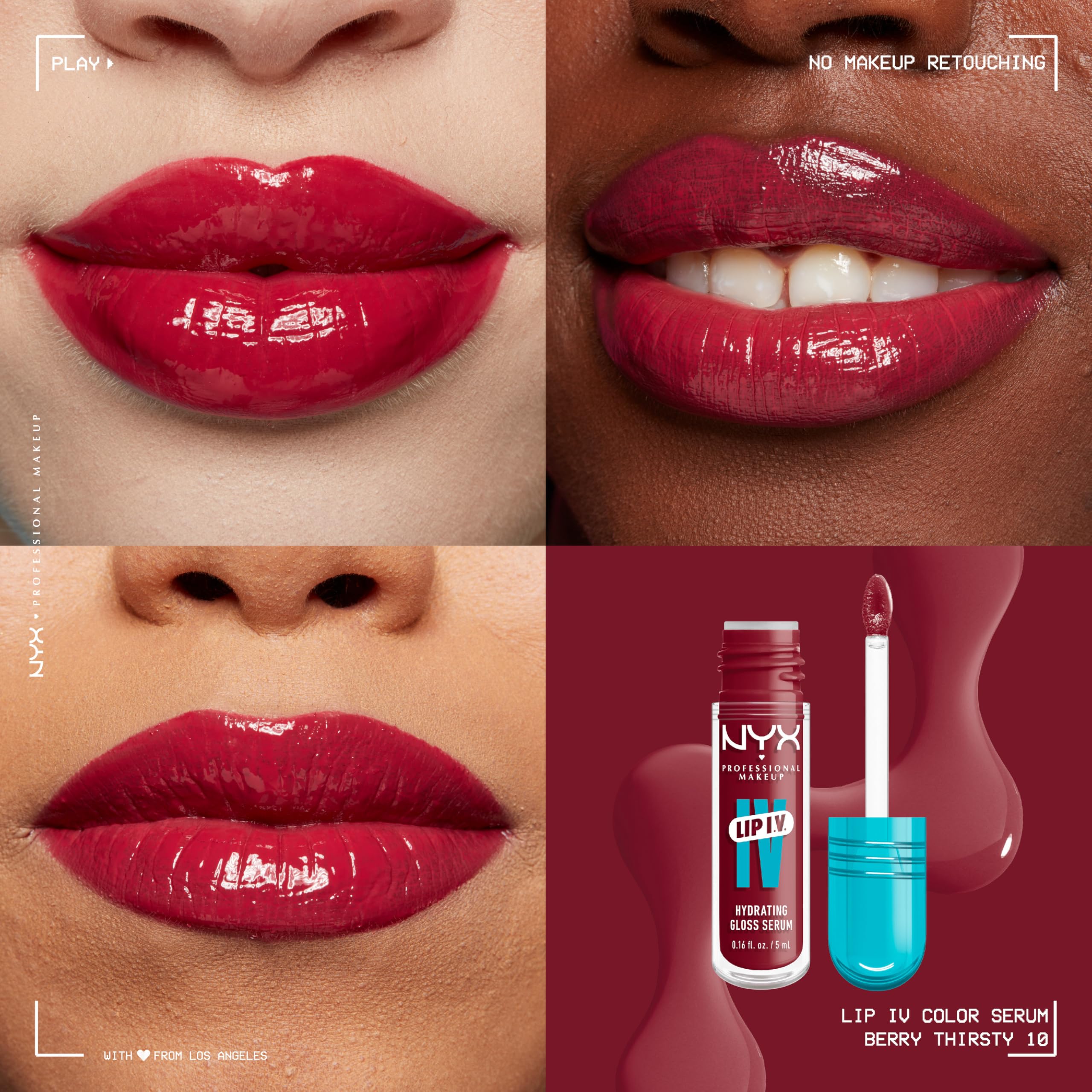 NYX PROFESSIONAL MAKEUP Lip IV Hydrating Gloss Serum, Lip Stain with 12HR Hydration - Berry Thirsty (Red Lip Gloss)