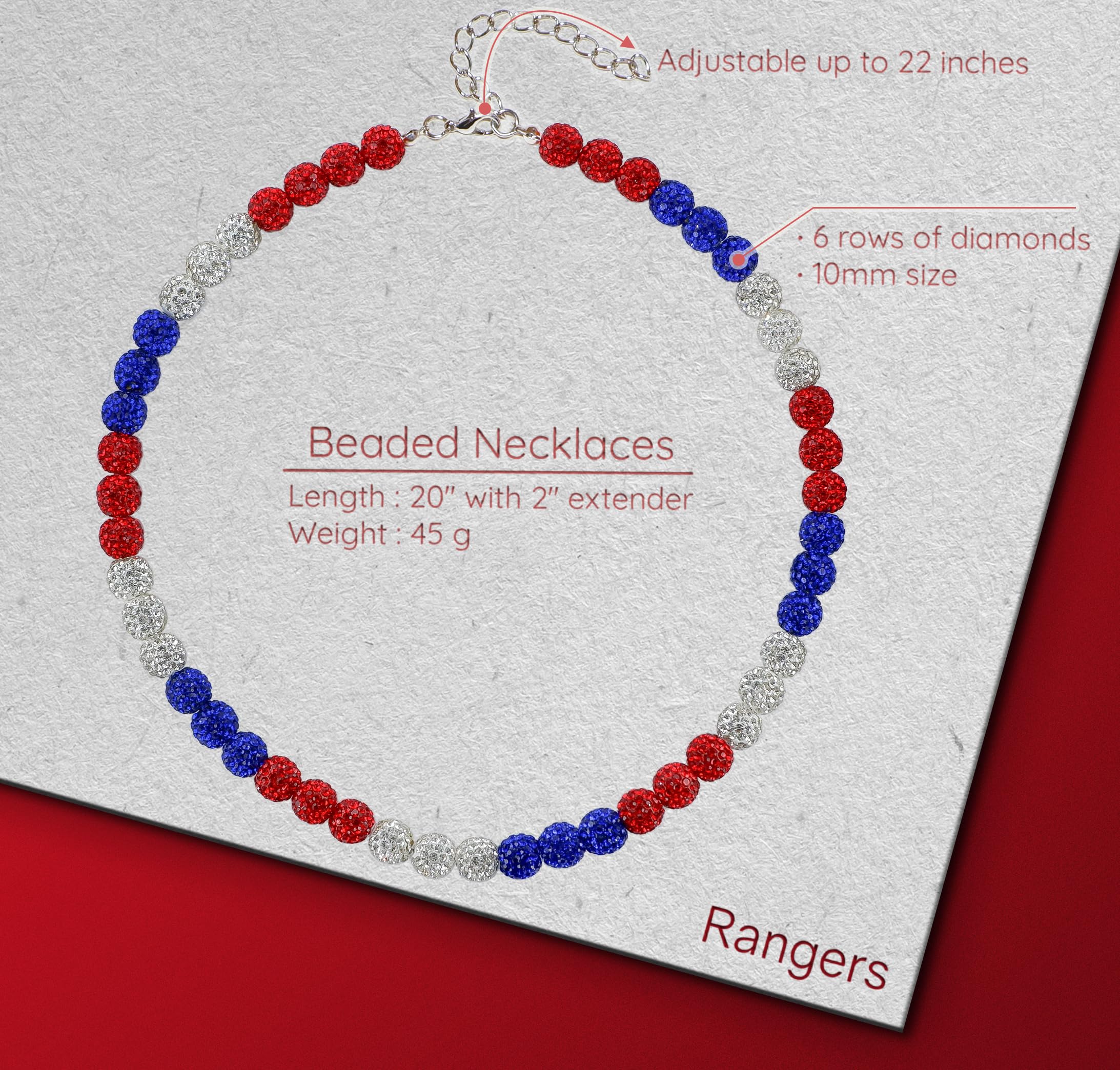 SUPBOMM Baseball Ice Necklace, Bling Beaded Necklaces, Drip Chain, League Team Colors Gifts for Men, Rangers