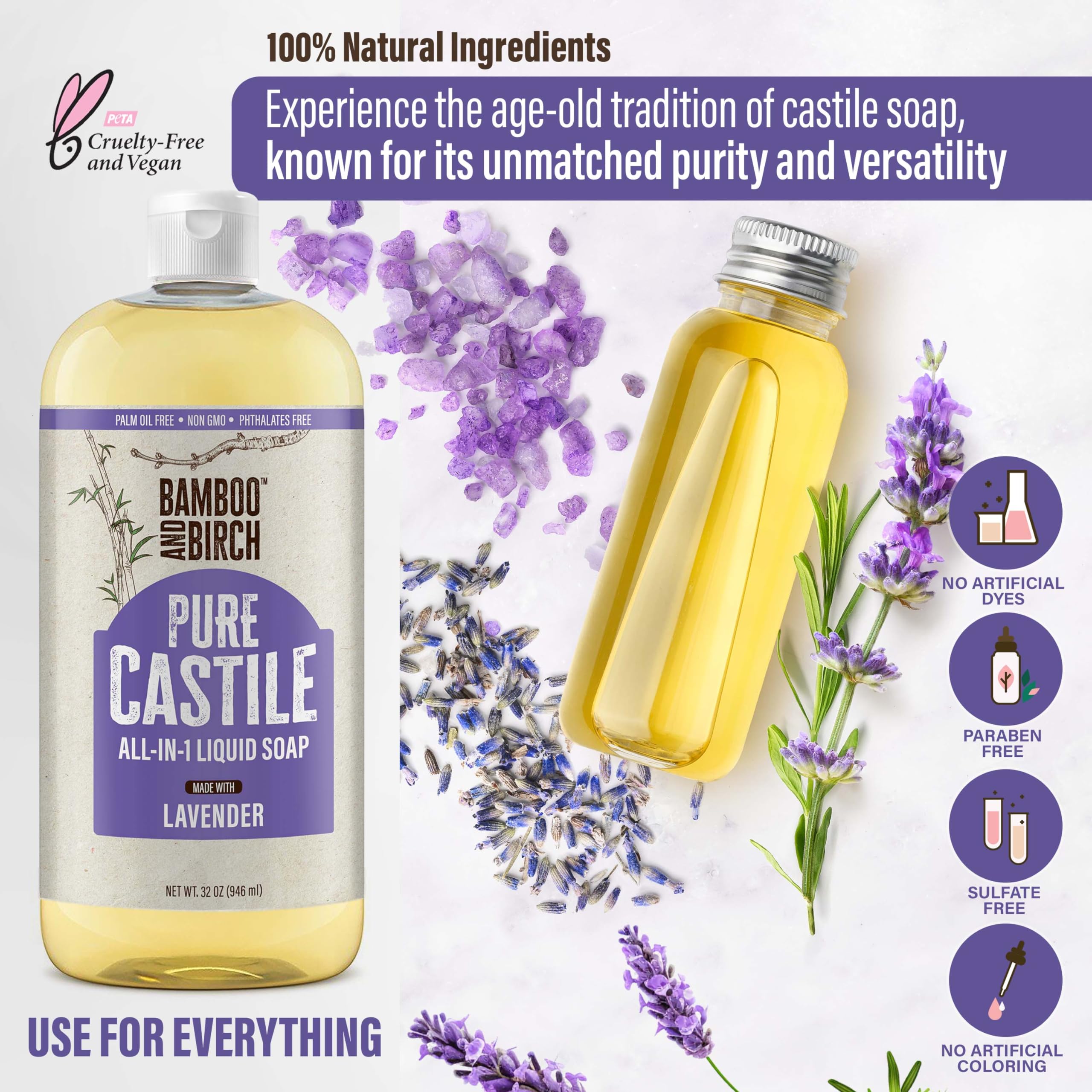 Bamboo And Birch Pure Castile Soap Liquid Organic, Certified Palm Oil Free Natural Soap, Lavender, 32 Oz