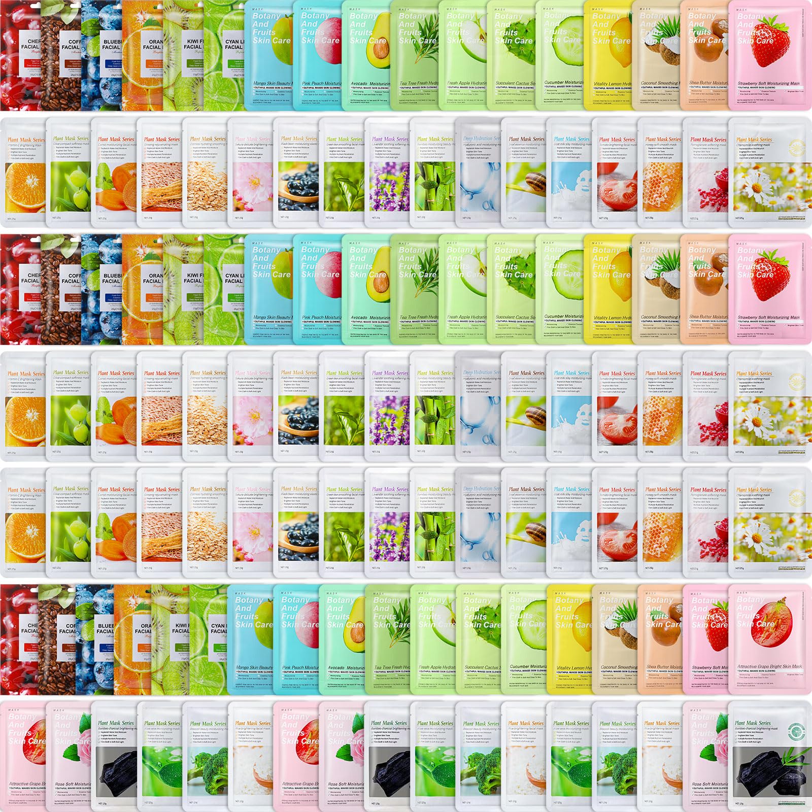 Viozakanry 120 Pcs Assorted Combo Collagen Essence Face Masks Skincare Moisturizing Sheet Masks Bulk Hydrating Soothing Facial M