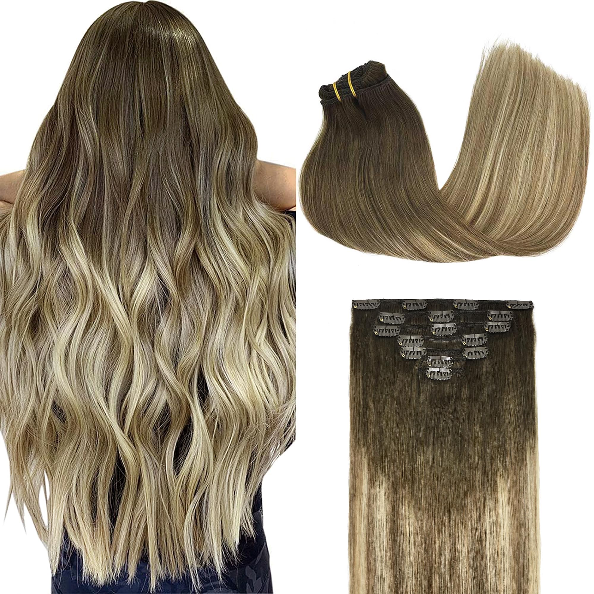 GOO GOO Clip in Hair Extensions Real Human Hair, 12inch 85g 7Pcs, 3/8/613 Balayage Walnut Brown to Ash Brown and Bleach Blonde, 