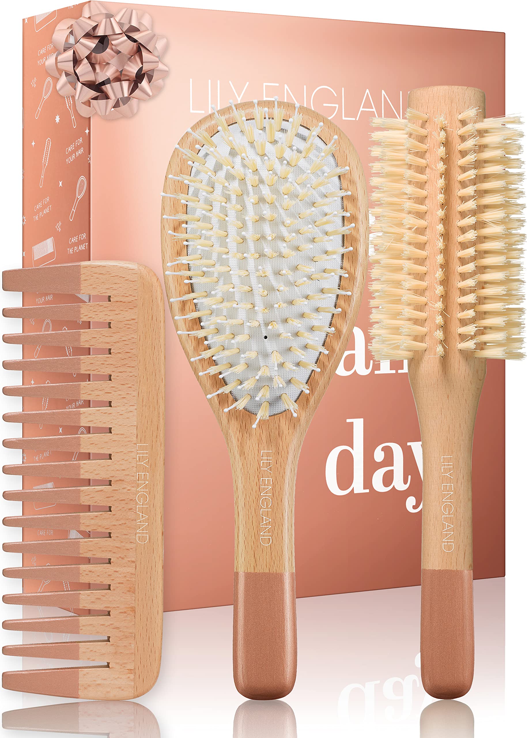 Wooden Hair Brush Set - Paddle Brush, Round Brush & Comb, Hair Brushes with Soft Bristles, Hairbrushes for Women by Lily England