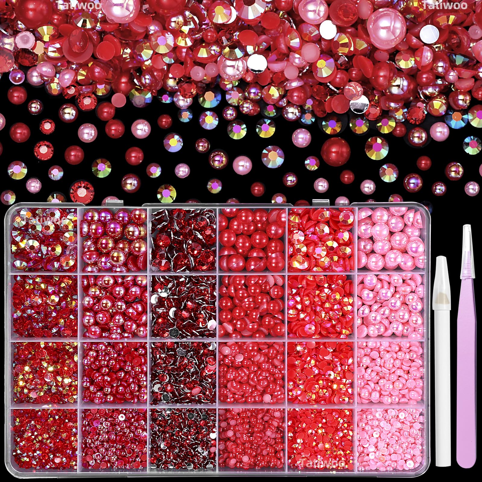 9000 Pcs Red Flatback Pearls and Rhinestones for Crafts, 3/4/5/6mm Jelly Resin Rhinestones, Mixed Size 3/4/6/8mm Half Pearl Beda