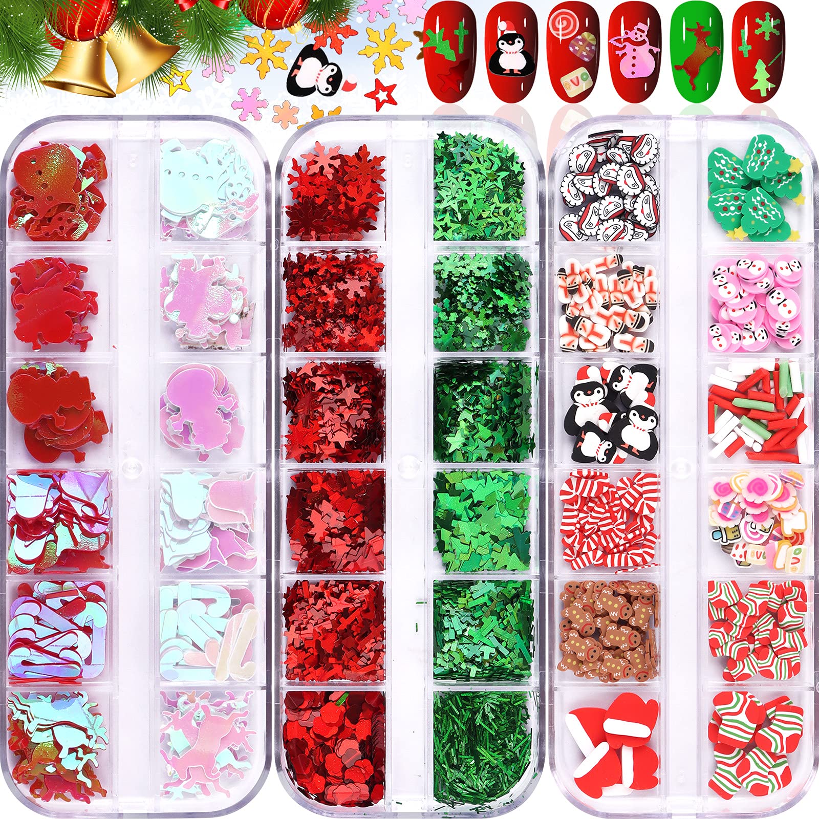 36 Grids Christmas Nail Art Sequins, EBANKU Holographic Snowflakes Santa Claus Snowman Flake Nail Glitter Sequins Colorful Spark