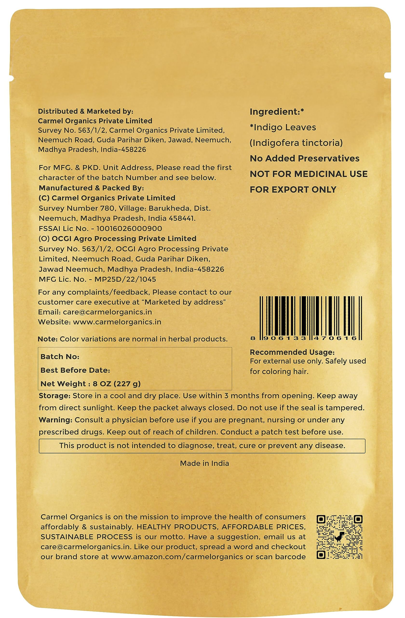 Carmel Organics Indigo Leaves Powder (8 Ounce) For Your Hair Colour| Pure And Natural Indigo Powder | No Added Colors Or Preserv