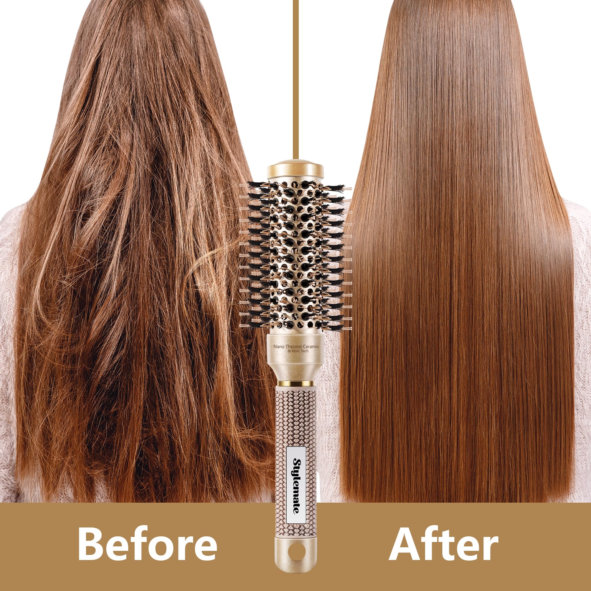 Stylemate Round Hair Brush For Blow Out, Nano Thermal Ceramic & Ionic Tech, 1.3 Inch Barrel, Boar Bristles, Roller Brush For Blo