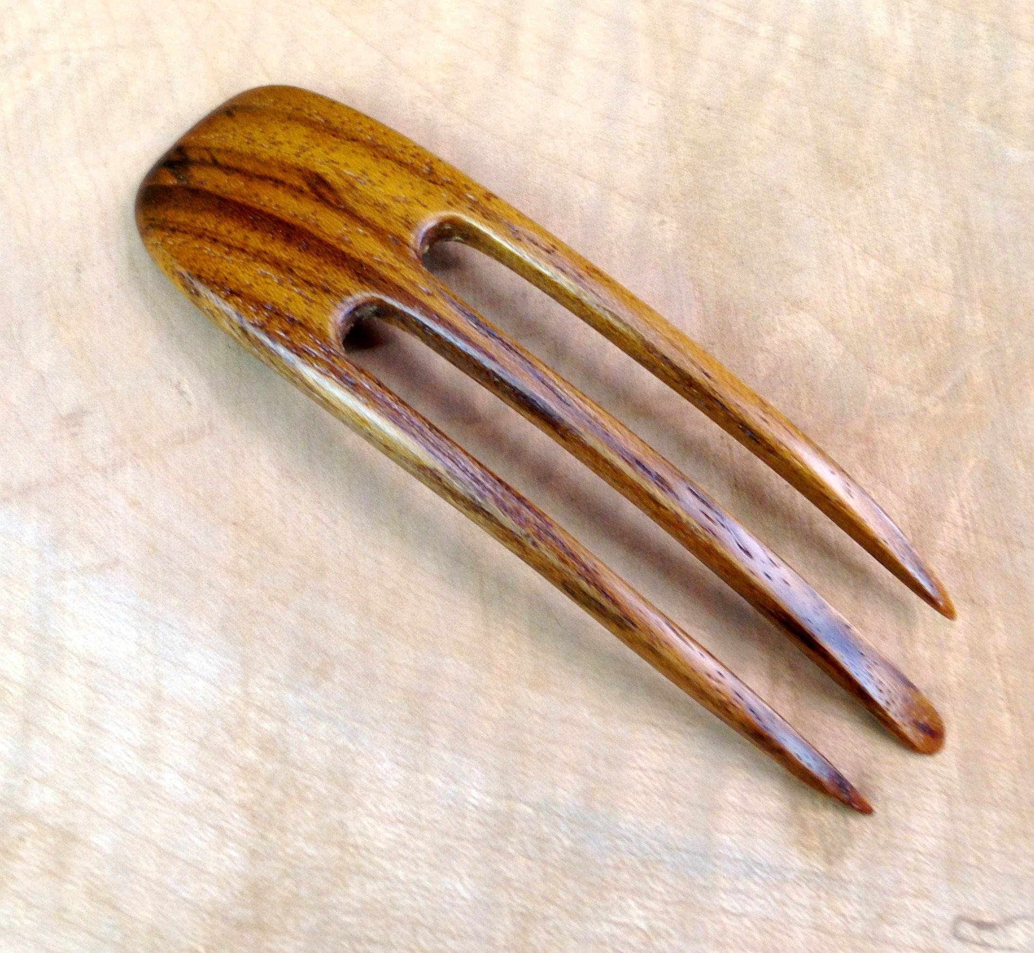 (1) Teak Wood Three Prong Curved 4.5 Inch Hair Stick Pick Pic Pin Fork