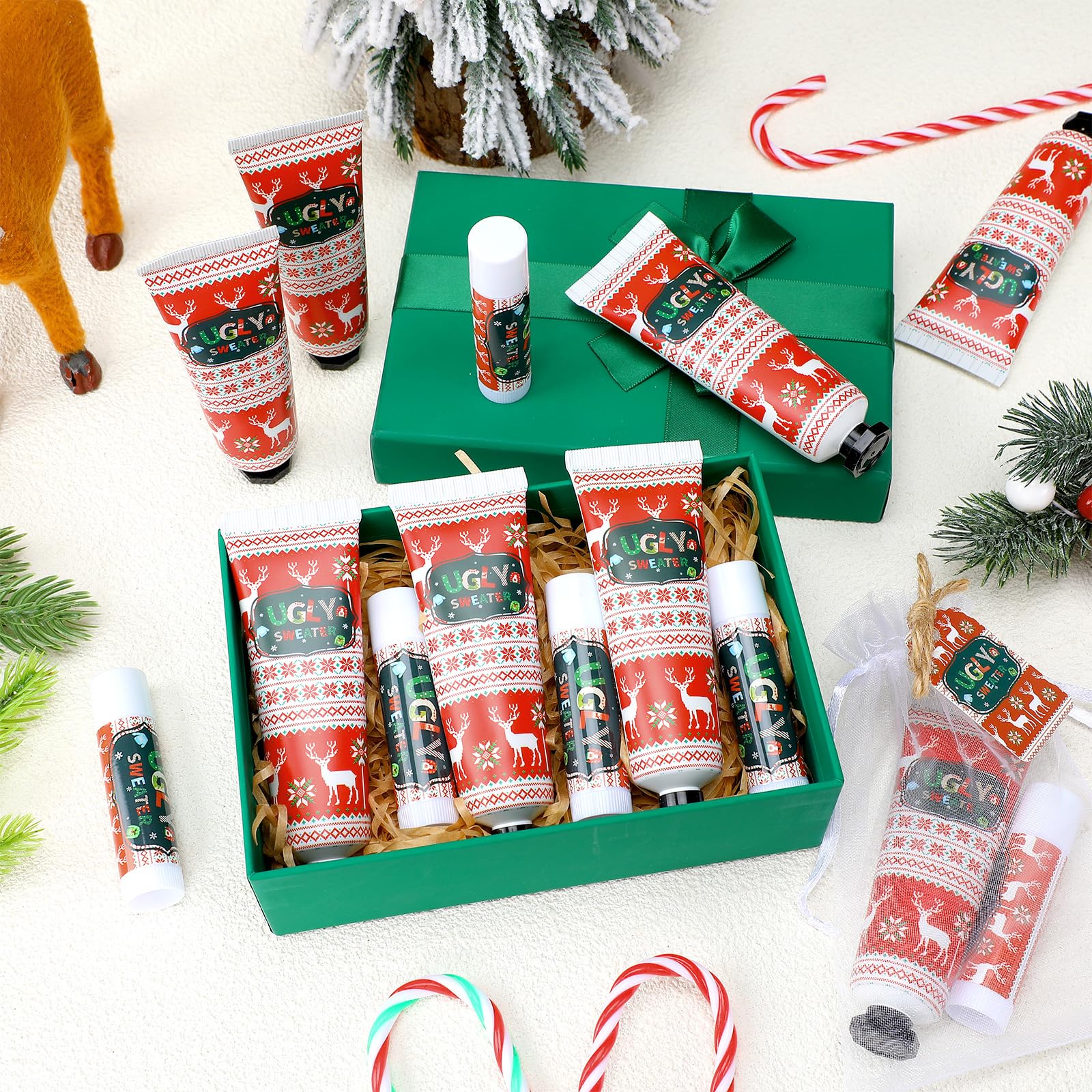 Dansib 24 Sets Christmas Ugly Sweater Baby Shower Hand Cream and Lip Balm Gift Christmas Party Favors Travel Size Hand Lotion an