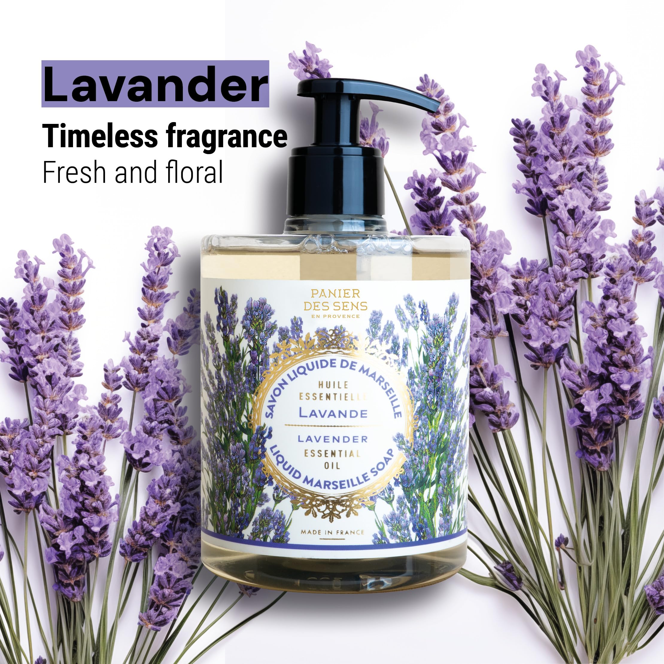 Panier Des Sens - Marseille Liquid Hand Soap - Lavender Hand Wash - Moisturizing Soap With Coconut Oil - Bathroom & Kitchen Refi
