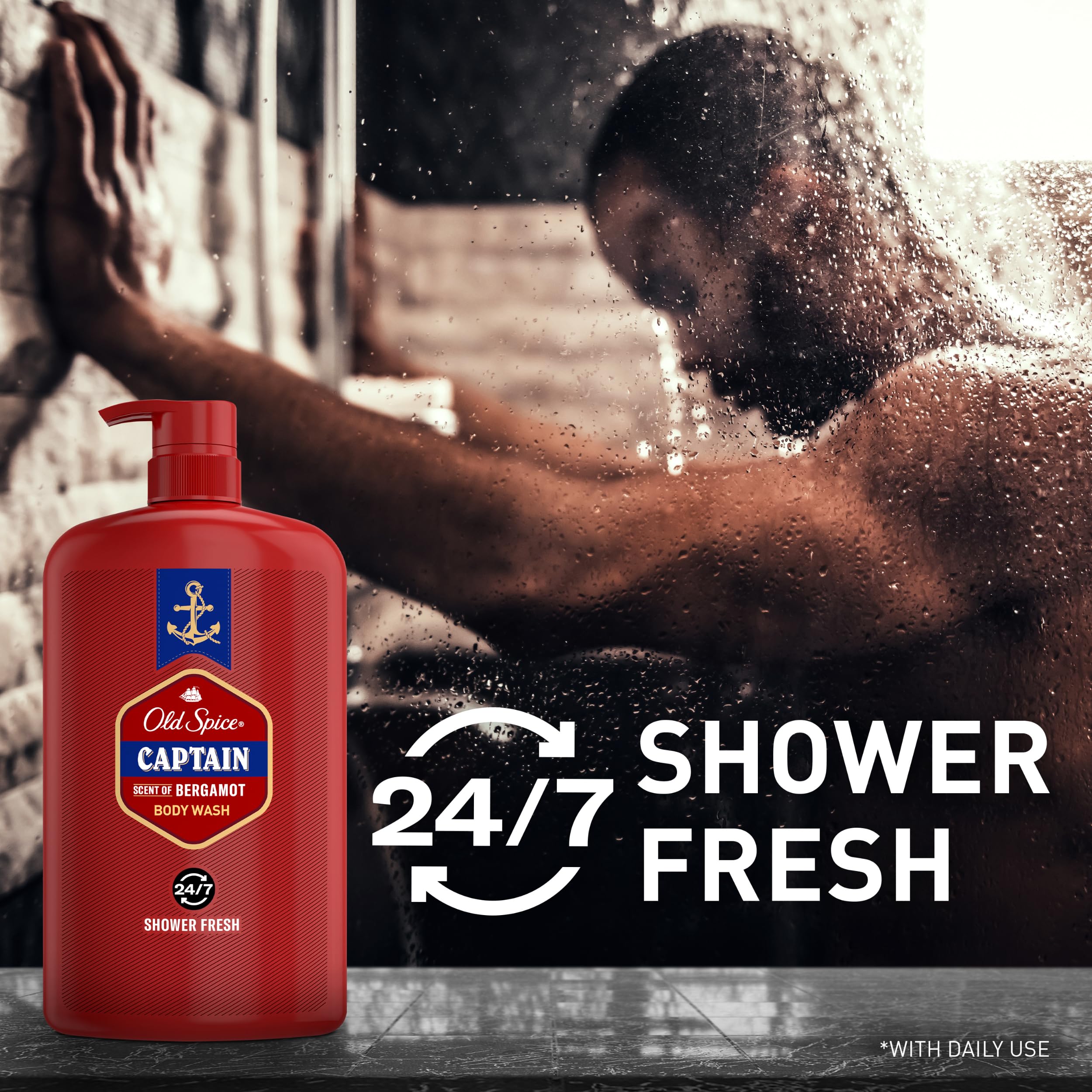 Old Spice Men'S Body Wash, 24/7 Shower Fresh With Lasting Scent, 3X Defense, Red Collection, Captain With Bergamot Scent, 33.4 F
