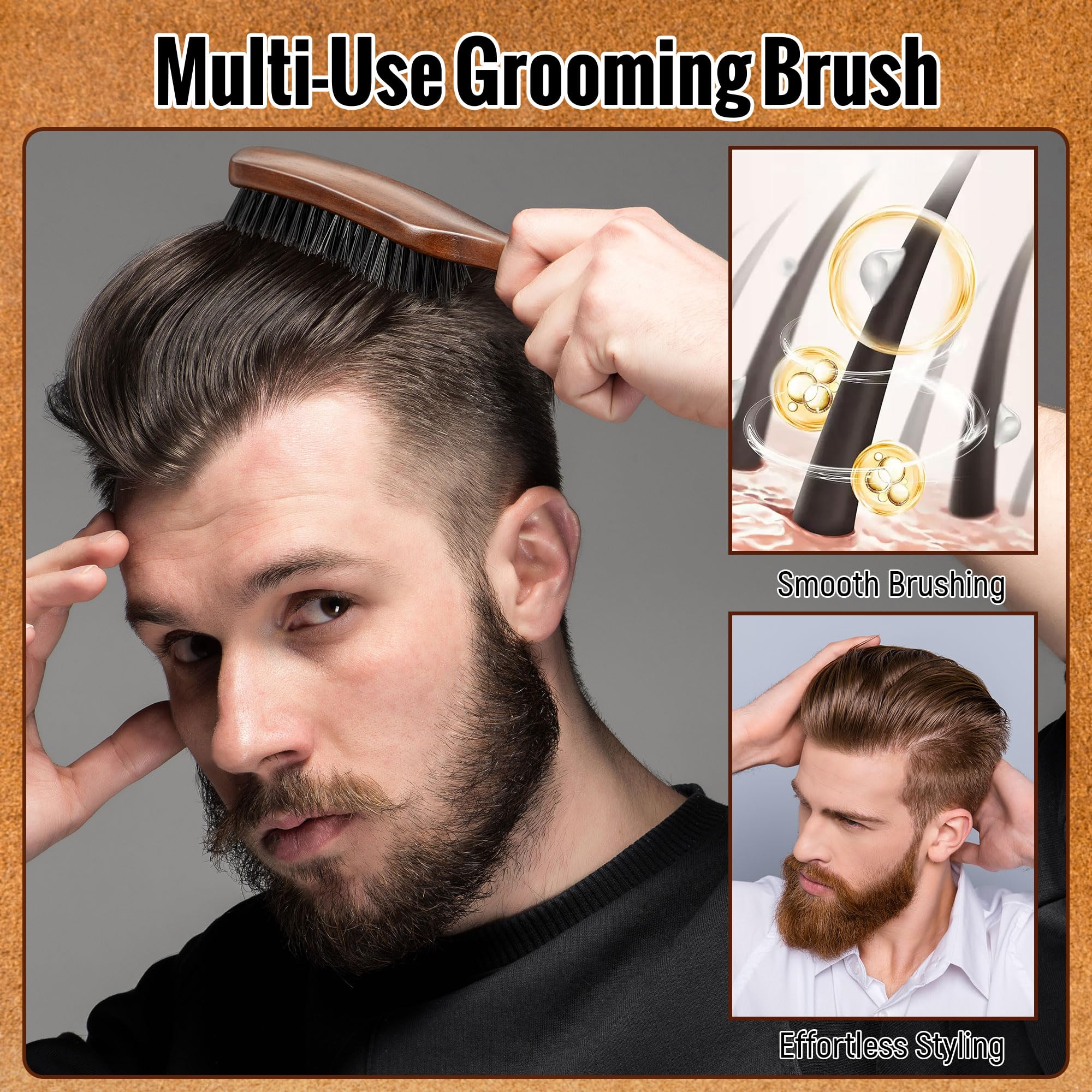 Nylon Hair Brush For Men, Mens Slick Back Hair Brush With Stiff Bristles & Wooden Walnut Handle For Thick & Fine Hair Smoothing,