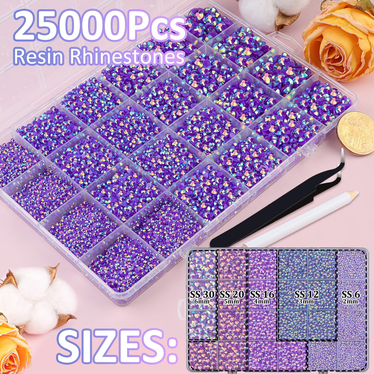 25000Pcs Resin Jelly Rhinestones For Crafting, Dark Purple Ab 2-6Mm Mixed Sizes Non Hotfix Flatback Gems, Bedazzling Crystal For