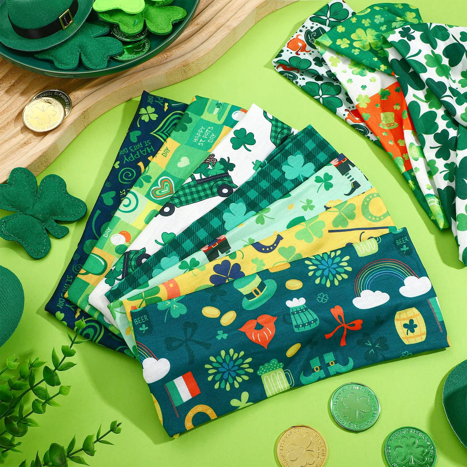 Giegxin 10 Pcs St.patrick's Day Headbands for Women Irish Green Shamrock Hair Band Wide Knotted Elastic Hair Accessories for Hol