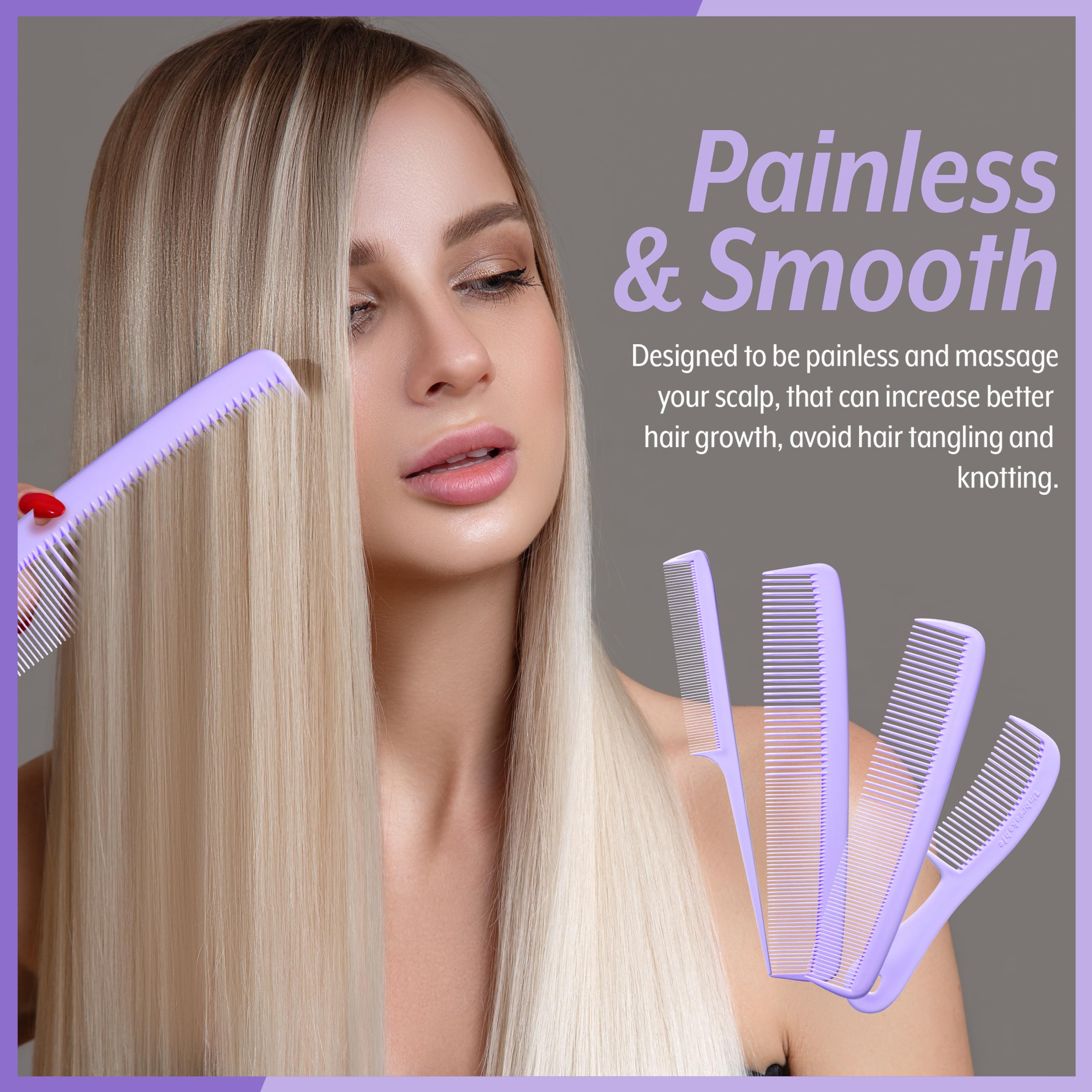 Mars Wellness 4 Piece Professional Comb Set Lavender - Usa Made - Fine Pro Tail Combs, Dresser Hair Comb Styling Comb - Premium