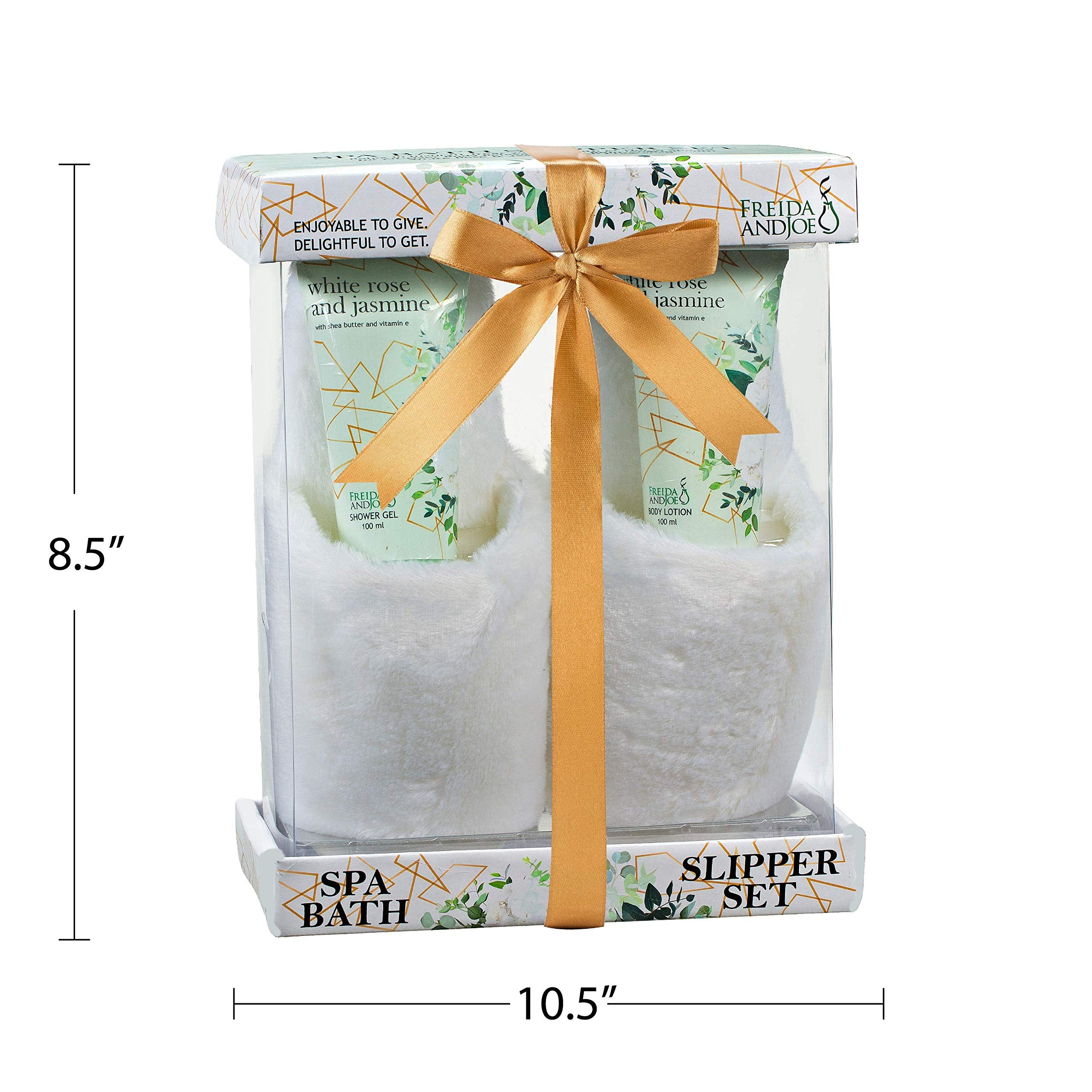 Home Spa Slippers Set Bath Gift Basket - White Rose Jasmine Fragrance - - Contains Body Lotion And Shower Gel, Plush Cozy Close