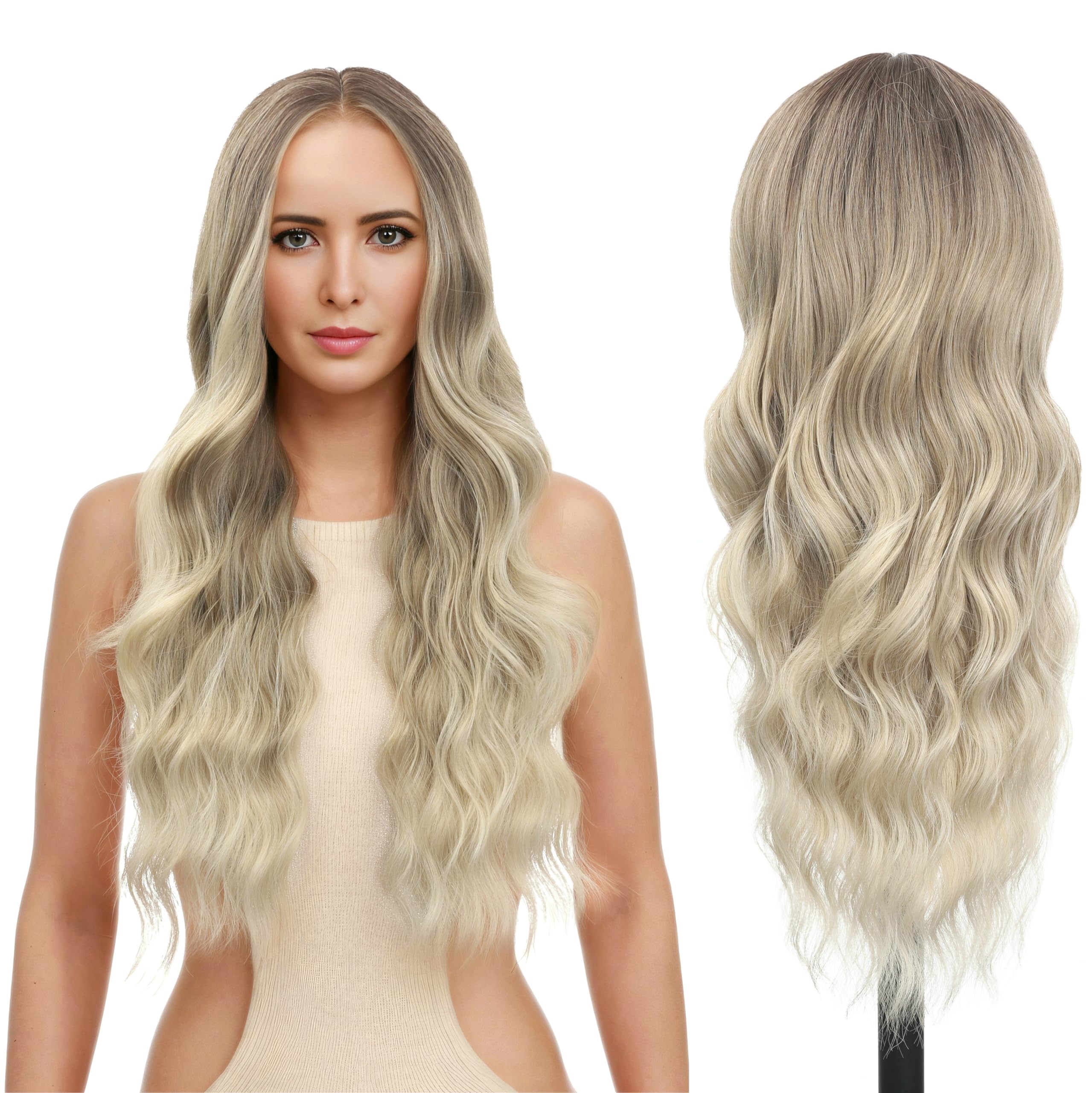 FUTAI Long Wavy Wig 30 Inch Ombre Ash Blonde HD Front Lace Body Curly Synthetic Hair Wigs for Women Professional Female Diverse 