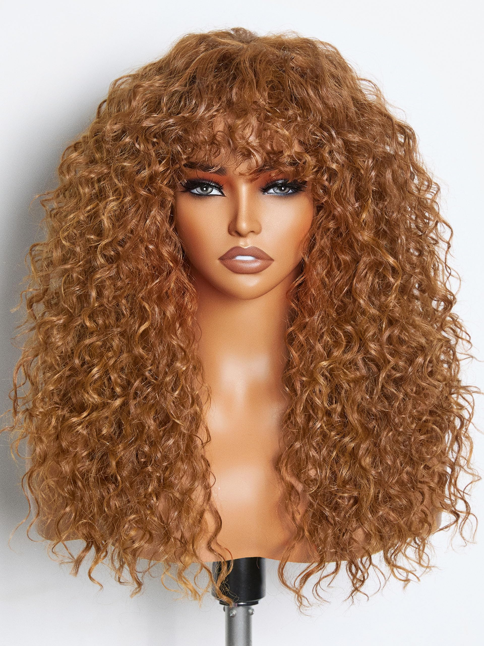 GORGIUS Curly Wig with Bangs Cinnamon Brown Shaggy Curl Glueless Bang Wig with True Scalp Upgraded with Natural Human-Hair-Like 