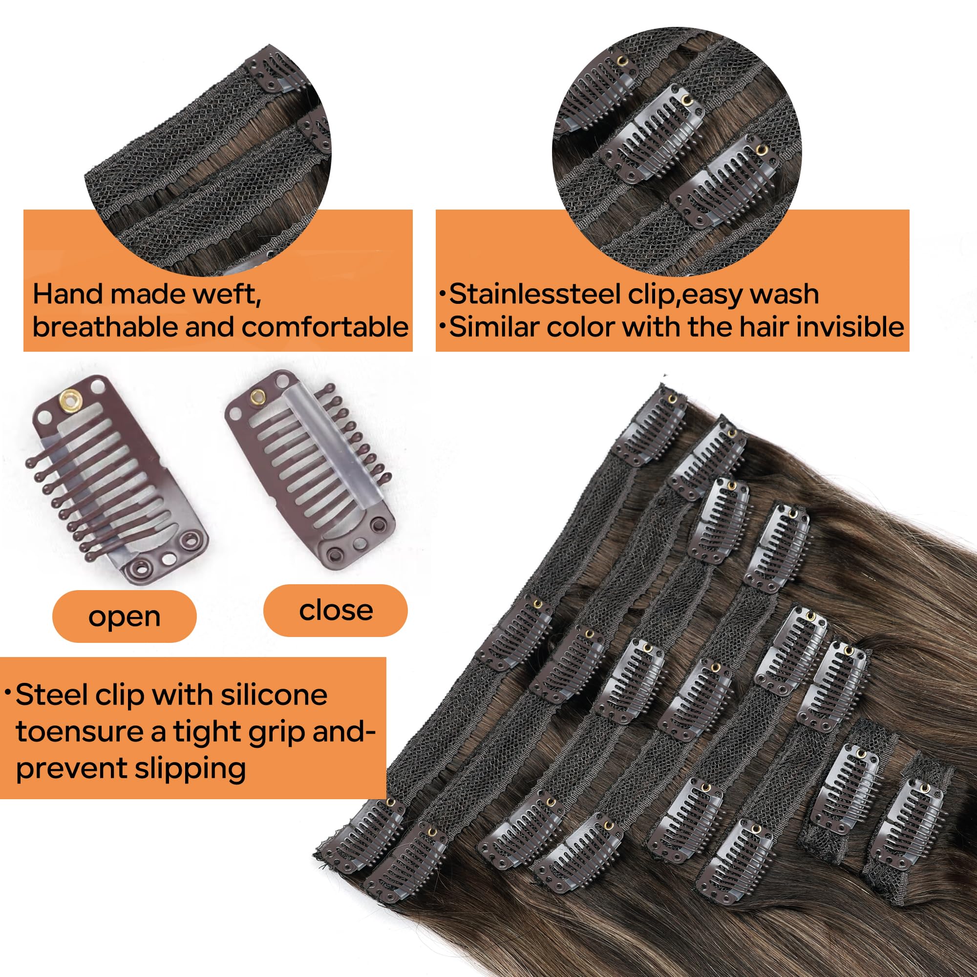 Pobokix Straight Clip In Hair Extensions Real Human Hair 8Pcs Clip In Balayage Dark Brown to Chestnut Brown Human Hair Extension