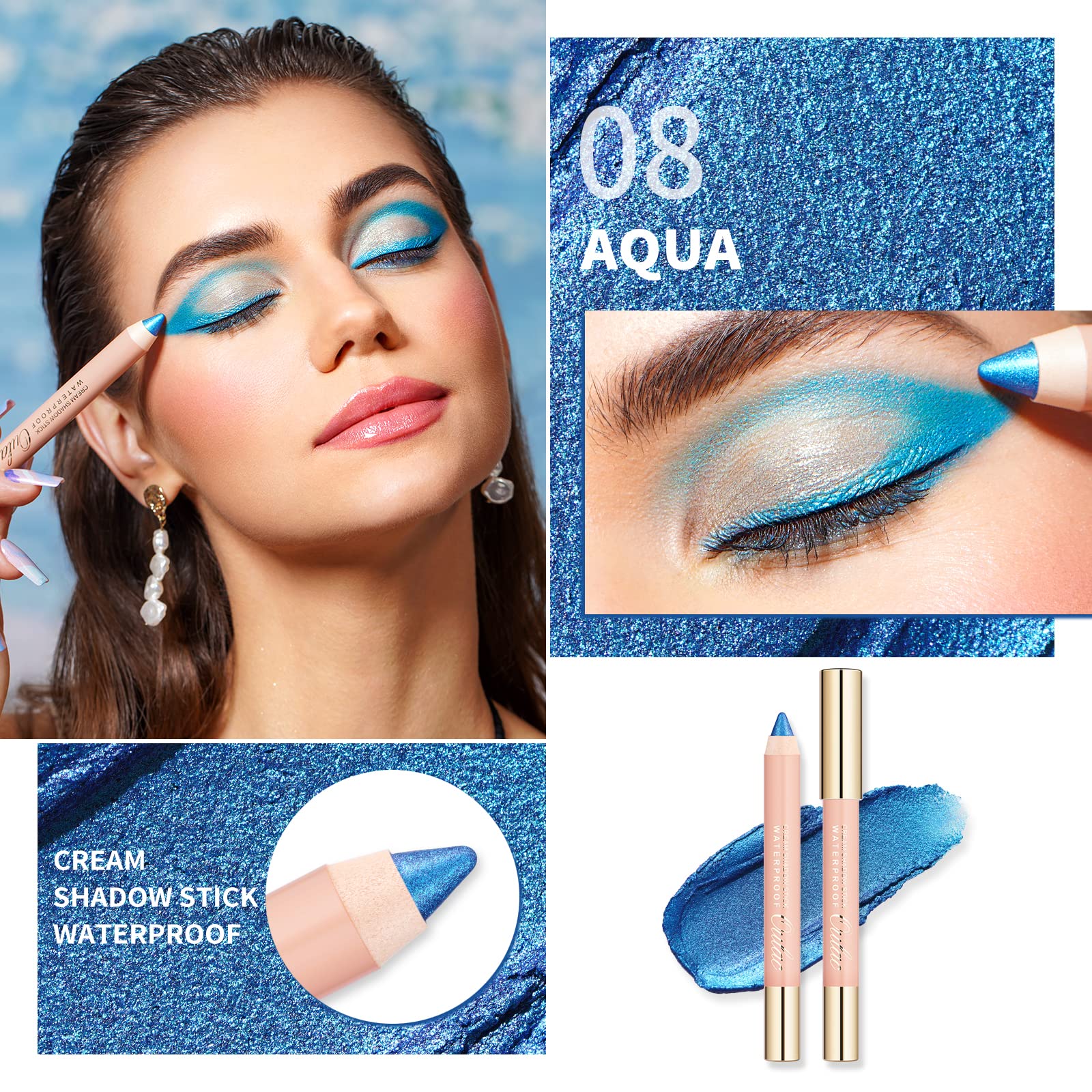 Oulac Shimmer Blue Eyeshadow Stick - Highly Pigmented Eye Shadow Pencil Waterproof & Long Lasting, Shimmering Glitter Finish, Bl