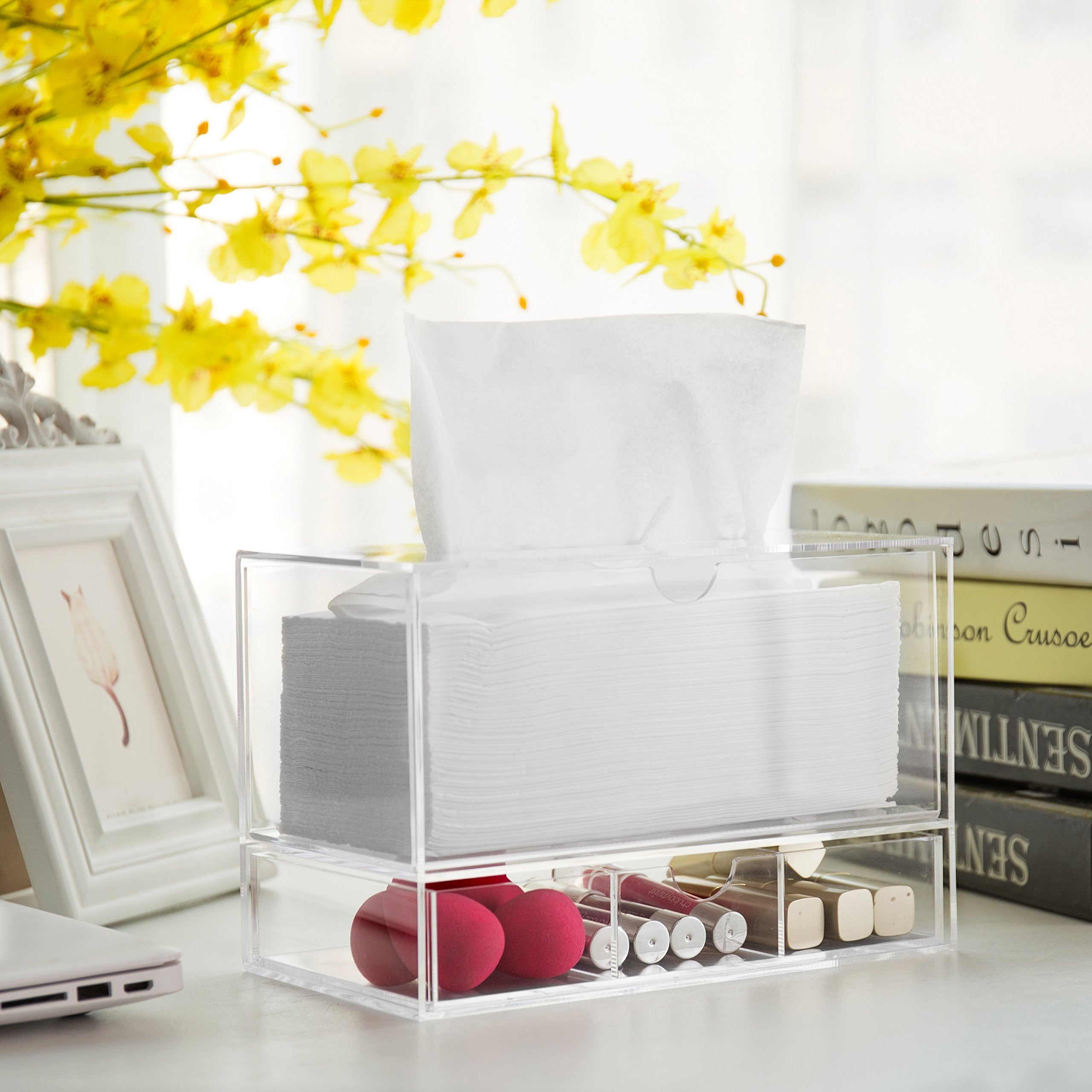 Modern Clear Acrylic Facial Tissue Dispenser Holder With Pull-Our Drawer For Makeup Cosmetics And Accessories, Vanity Countertop