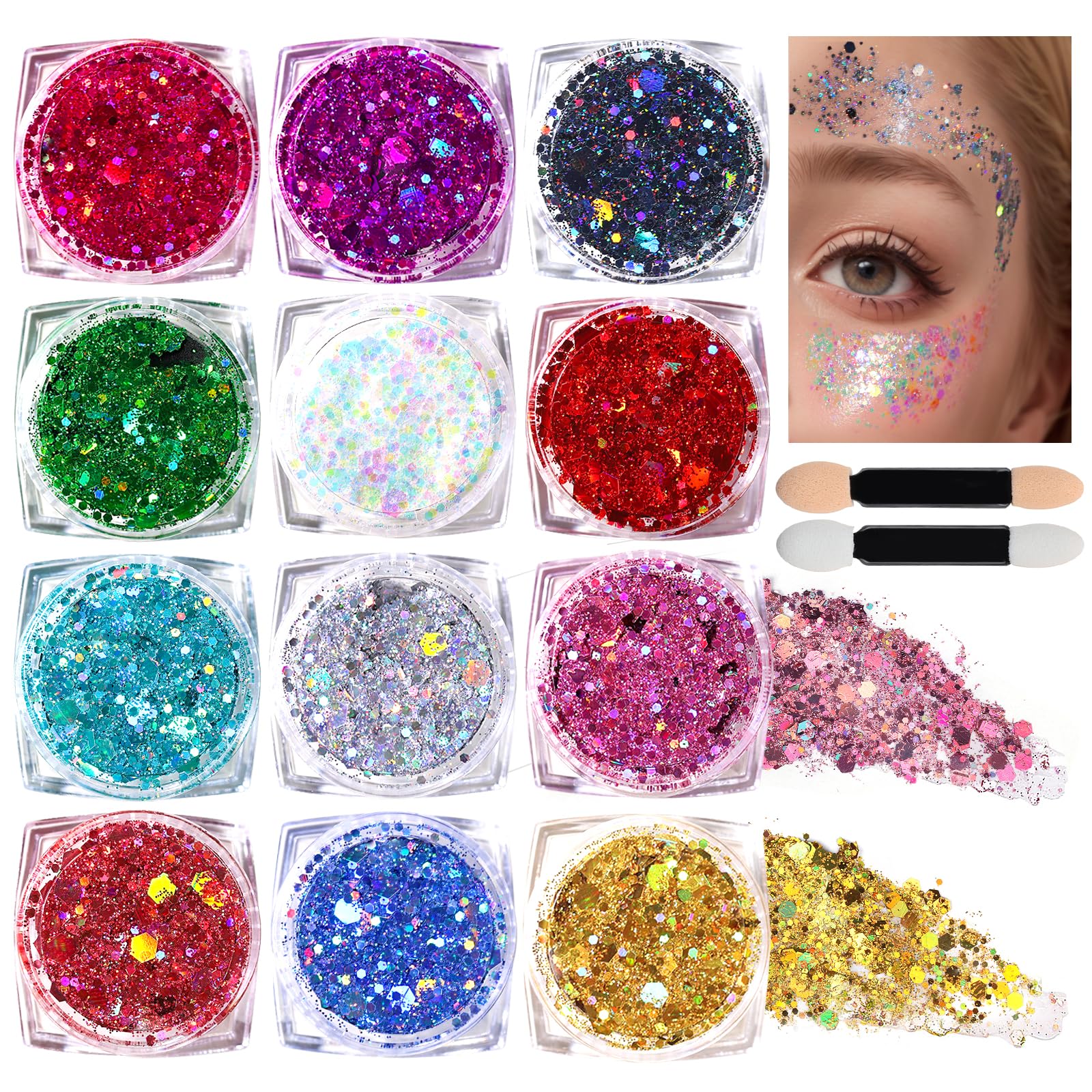 Teenitor Body Glitter Face Glitter Makeup Festival Glitter Gel, 12 Colors Face and Body Glitter Gel, Hair Glitter Gel, Glitter G
