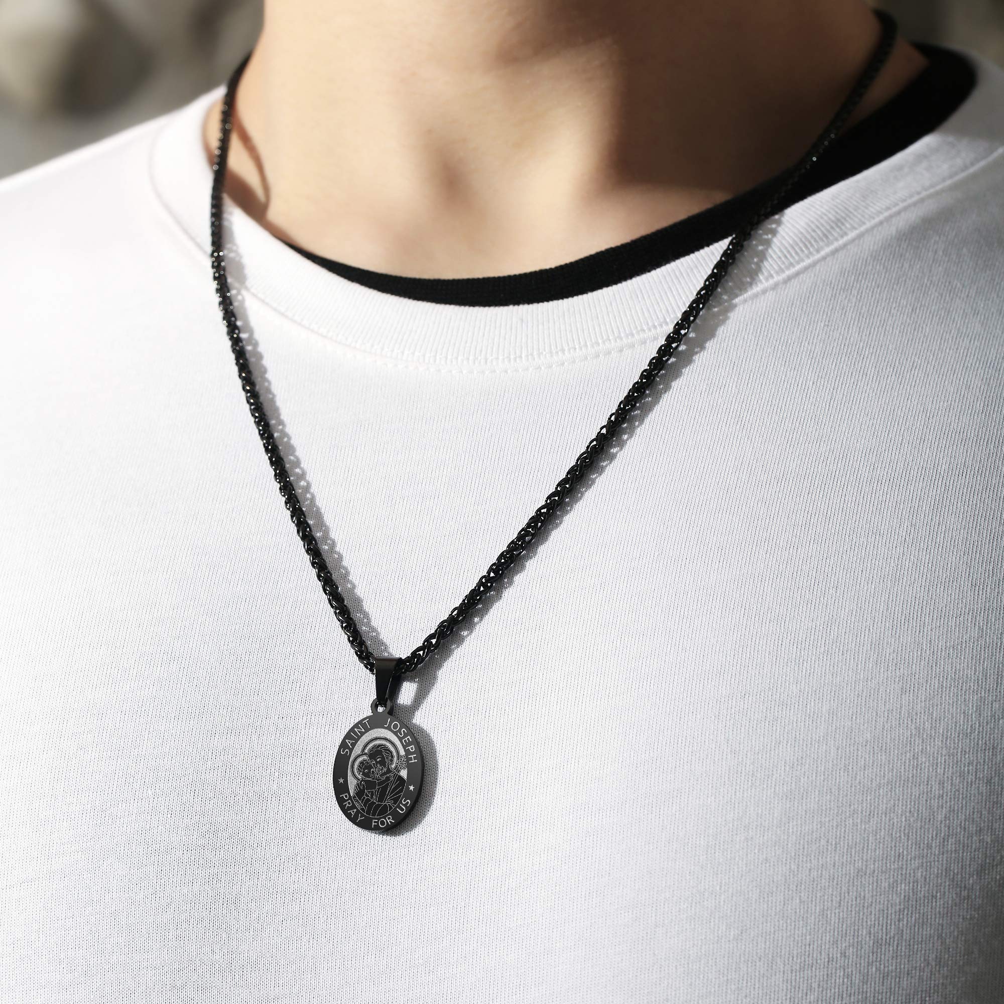 P. BLAKE Black St. Saint Joseph Medal Necklace for Men Religious Stainless Steel Catholic Saint Joseph Pendant Chain