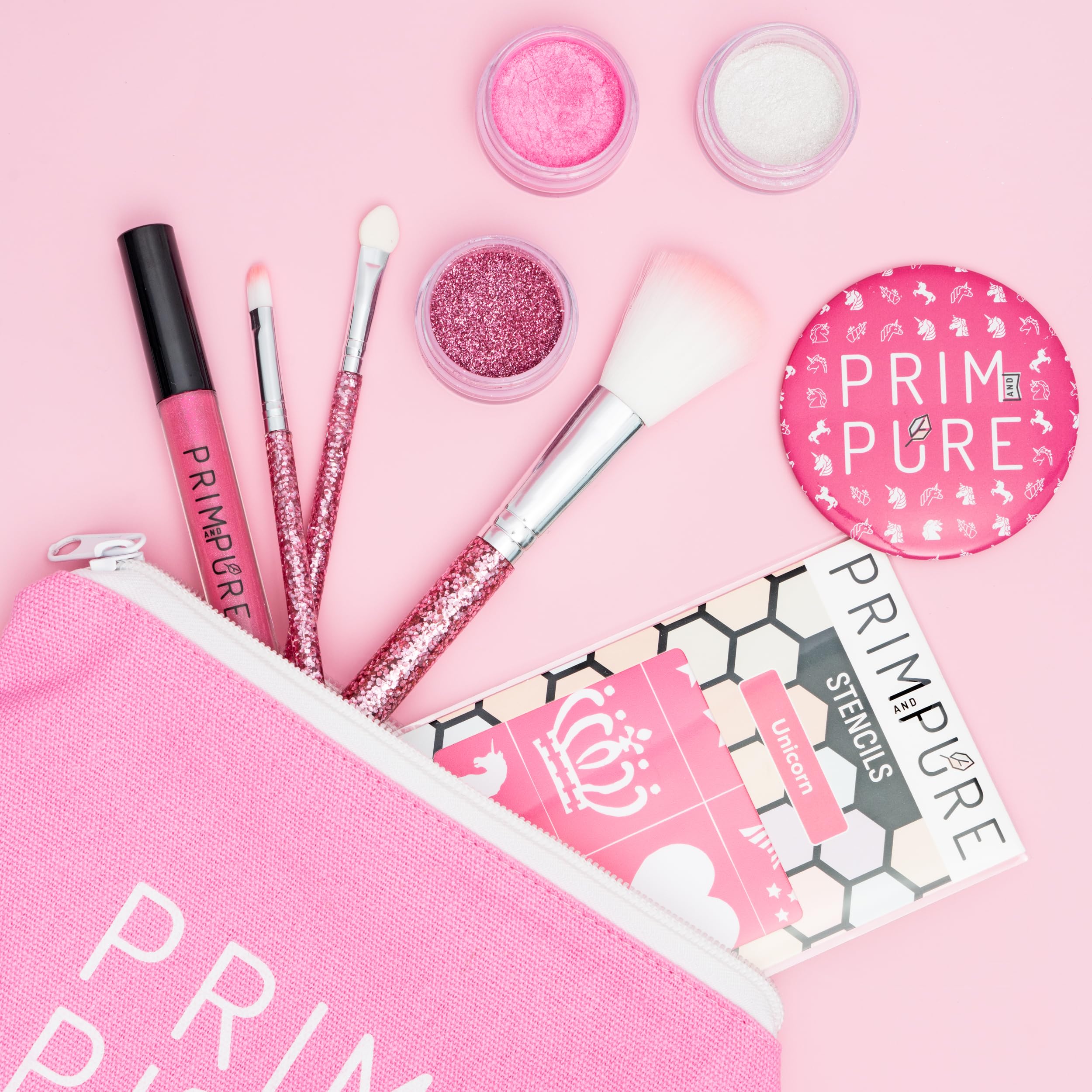 Prim And Pure Kids Makeup Gift Set - Stencil, Makeup Eyeshadow Bioglitter Lip Gloss And Cosmetic Bag Mirror Makeup Brush Accesso