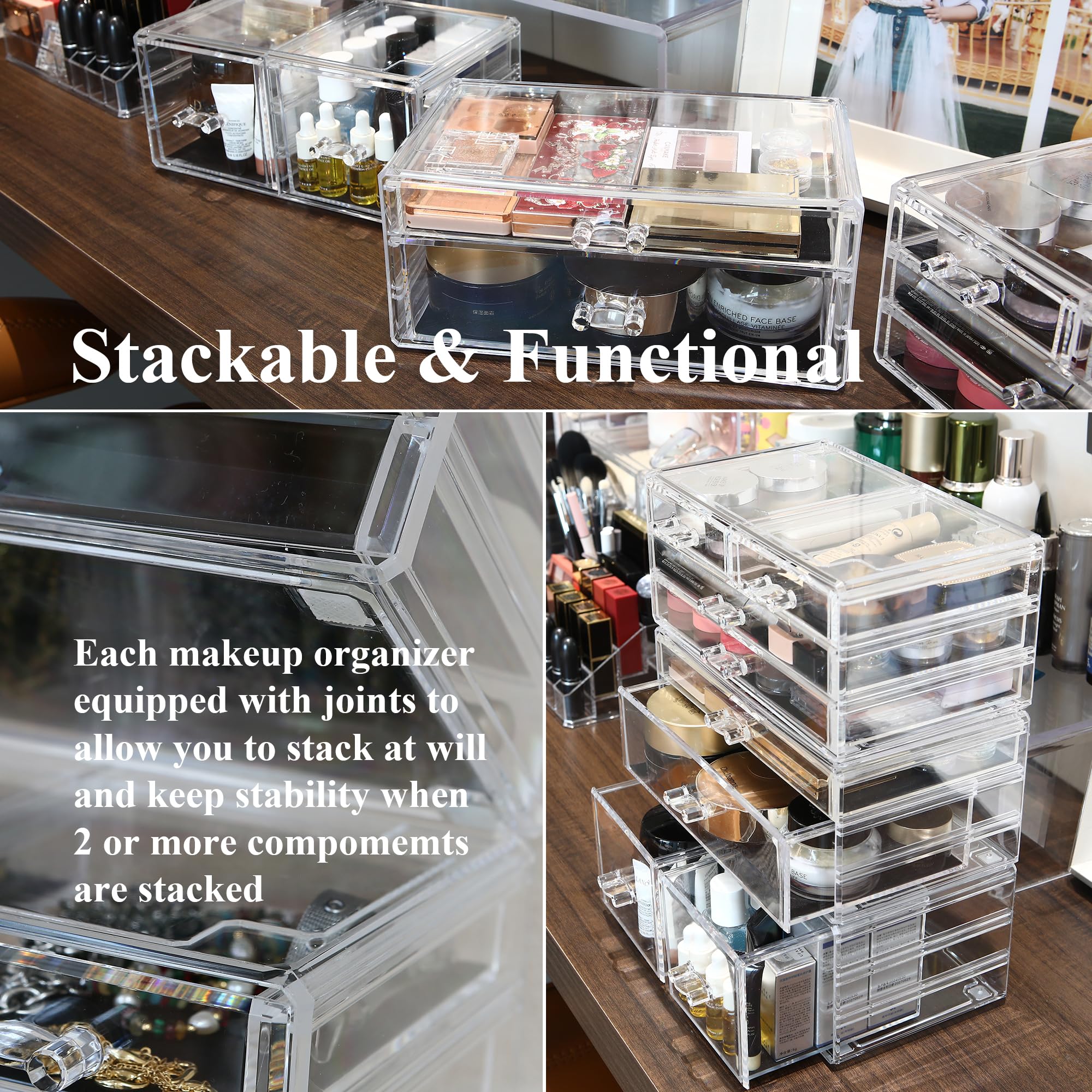 Sea Team 3-Layer Stackable Clear Makeup Organizer with Drawers, Acrylic Plastic Cosmetic Display Case, Jewelry Storage Box, Hold