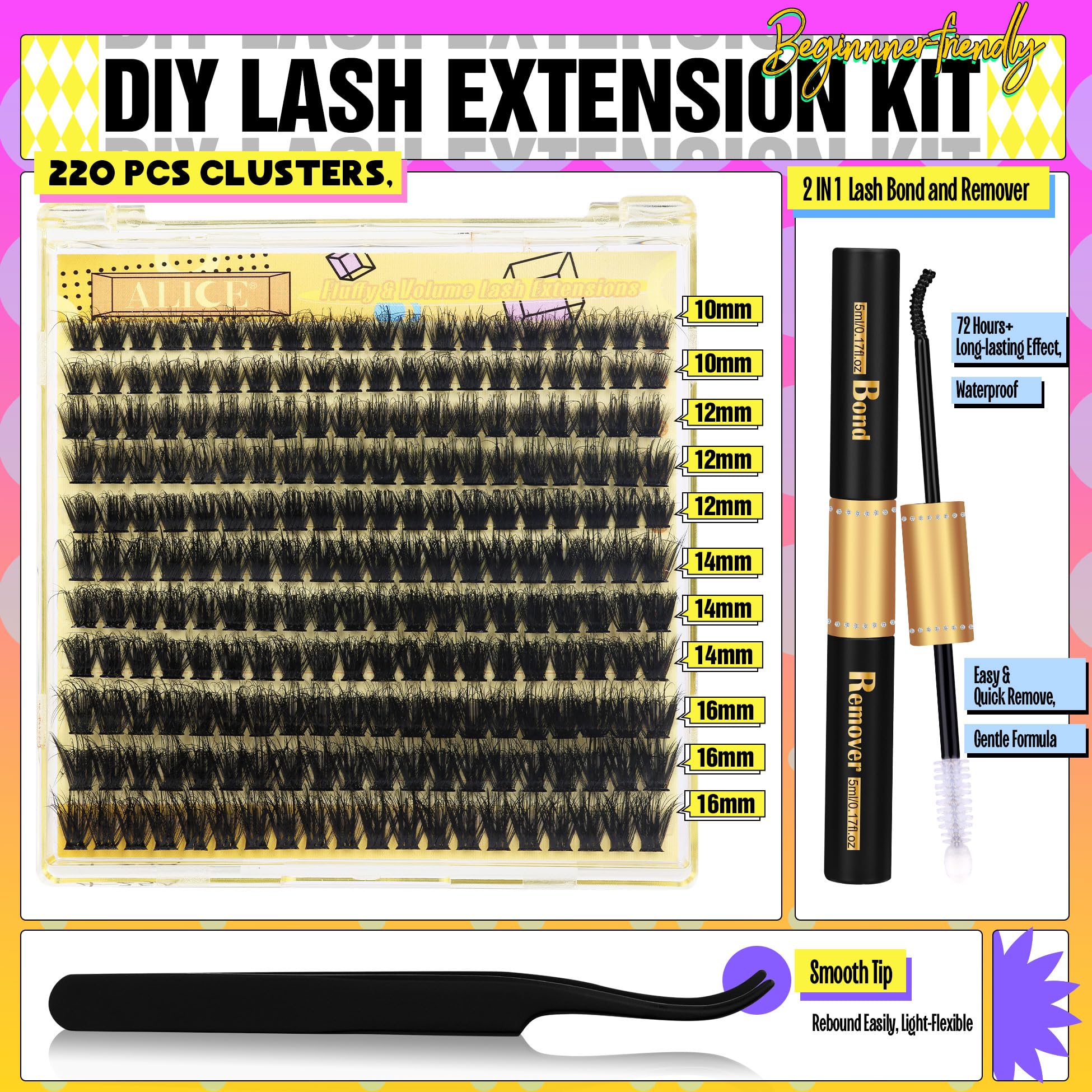 Alice Fluffy Volume Lash Clusters Kit Lash Extension Kit Thick 3D Wispy Diy Eyelash Extension Kit With 220Pcs Mink Look Individu