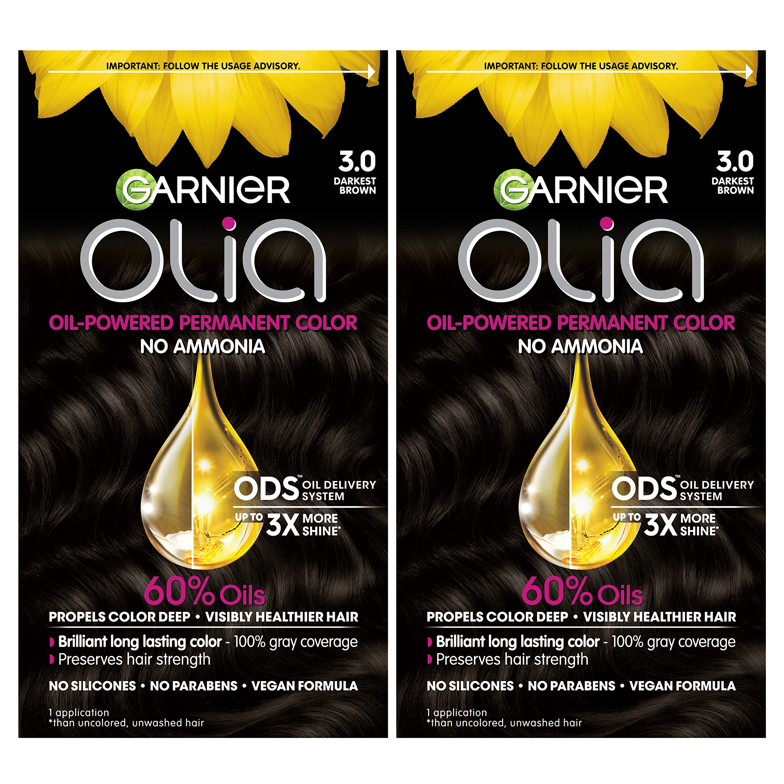 Garnier Hair Color Olia Ammonia-Free Brilliant Color Oil-Rich Permanent Hair Dye, 3.0 Darkest Brown, 2 Count (Packaging May Vary
