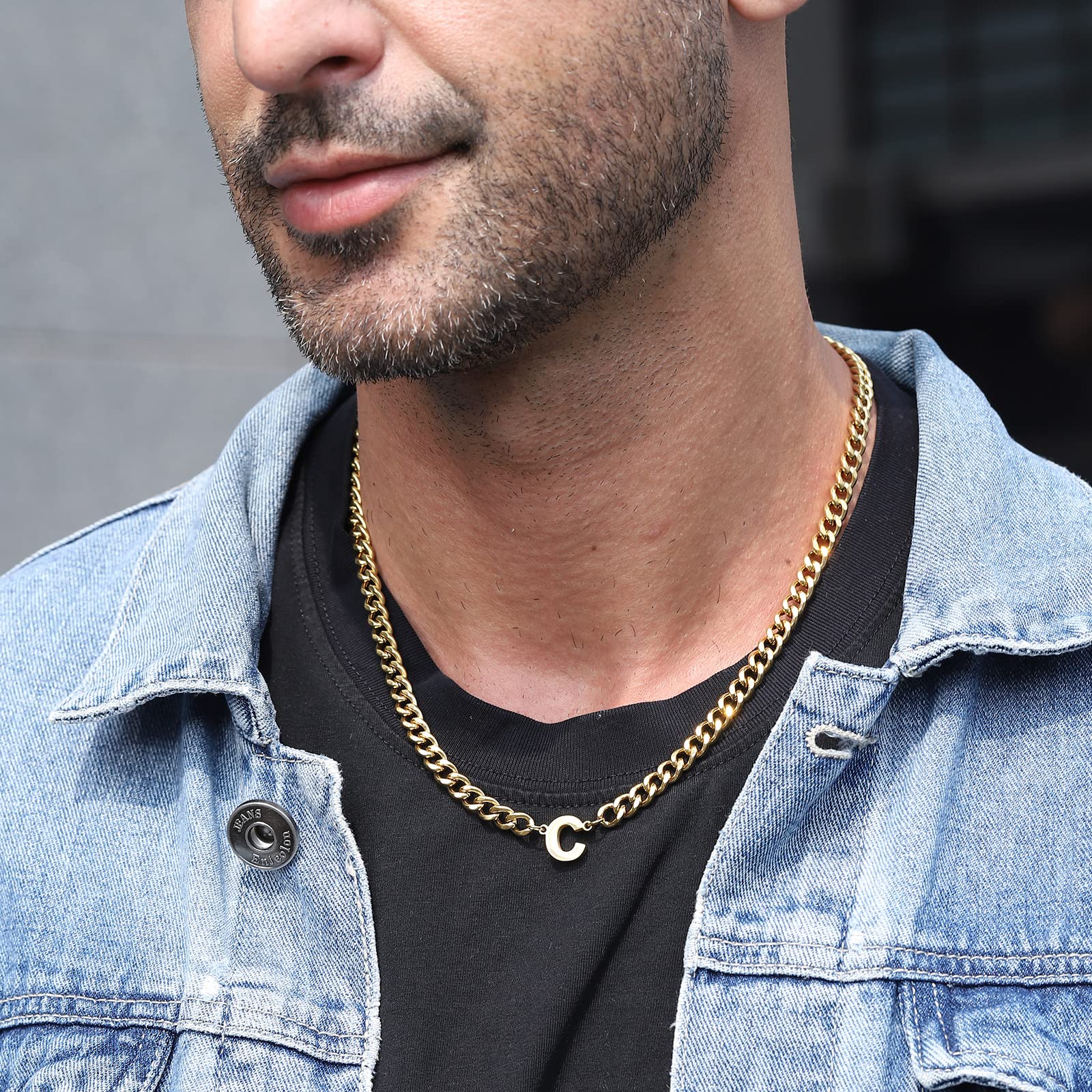 DuoDiner R Letter Necklace Initial Cuban Link Chain for Men Boys Stainless Steel Pendant Gift Gold