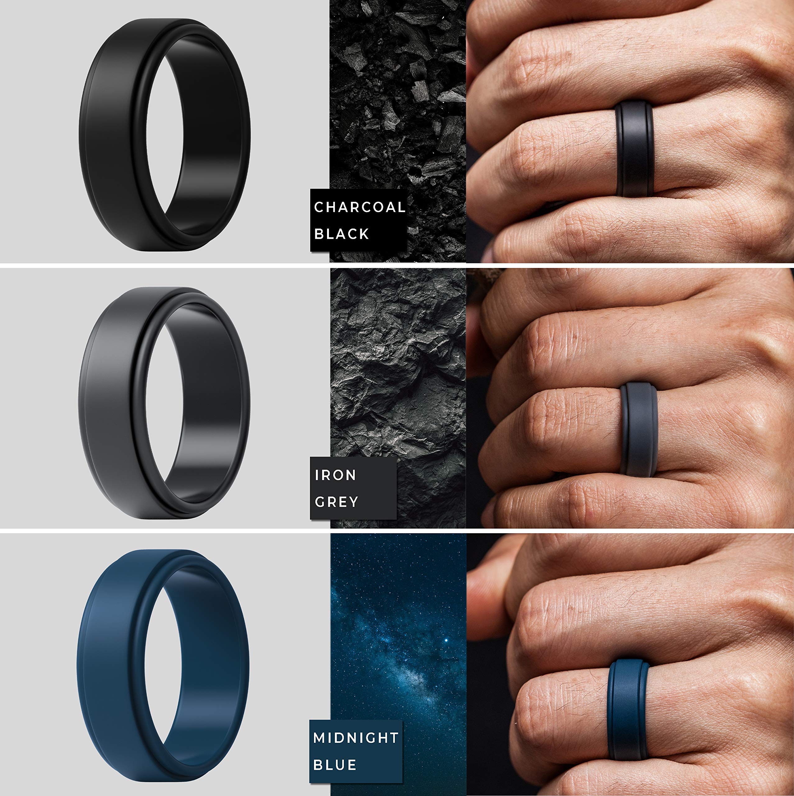 ThunderFit Silicone Wedding Ring for Men (Light Grey, Dark Grey, Navy Blue, Grey, Dark Blue, Olive Green, Black, 11.5-12 (21.3mm