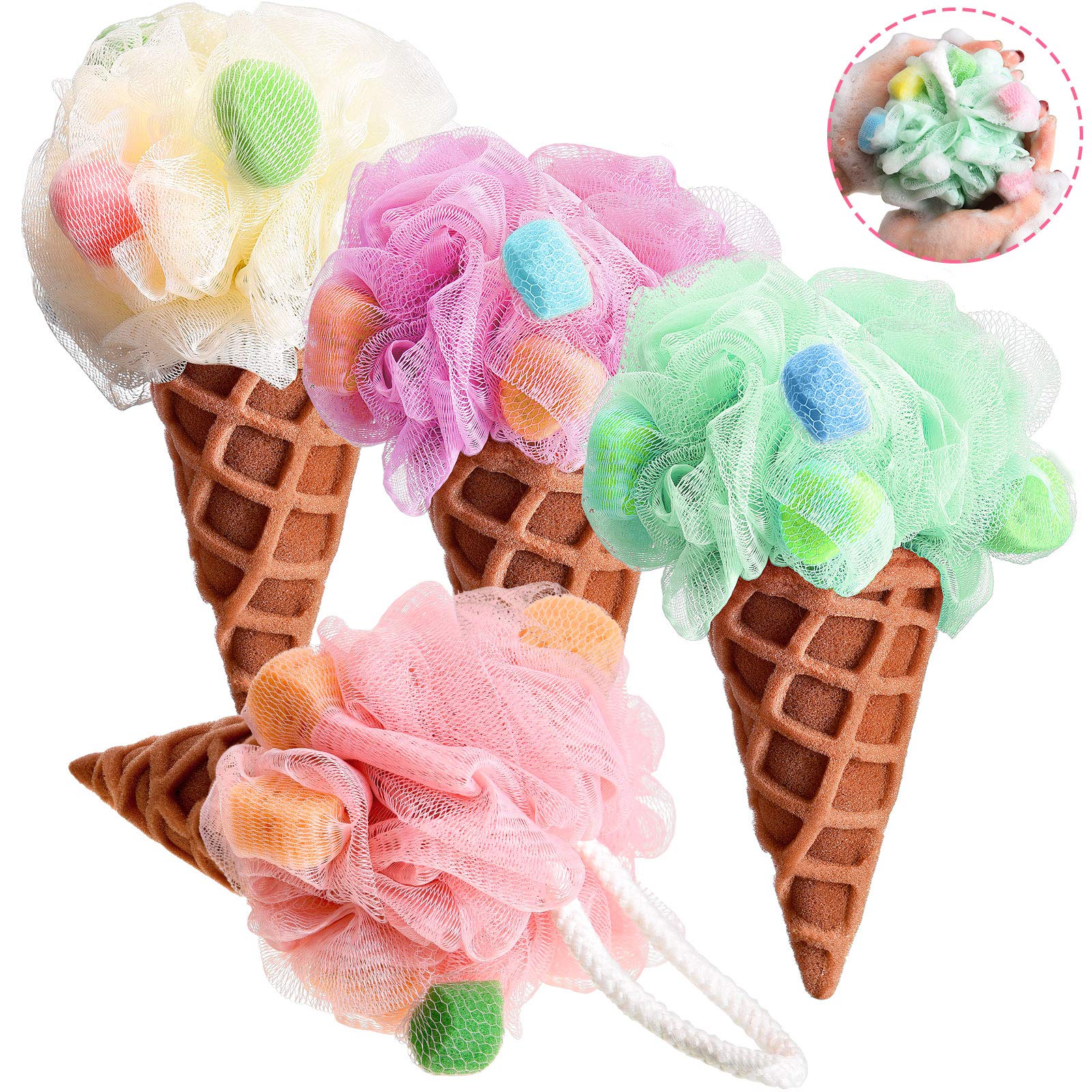 4 Pieces Kids Loofah Ice Cream Cone Bath Sponge Kids Bath Shower Sponge Body Scrubber Exfoliating Loofah For Kids Spa Shower